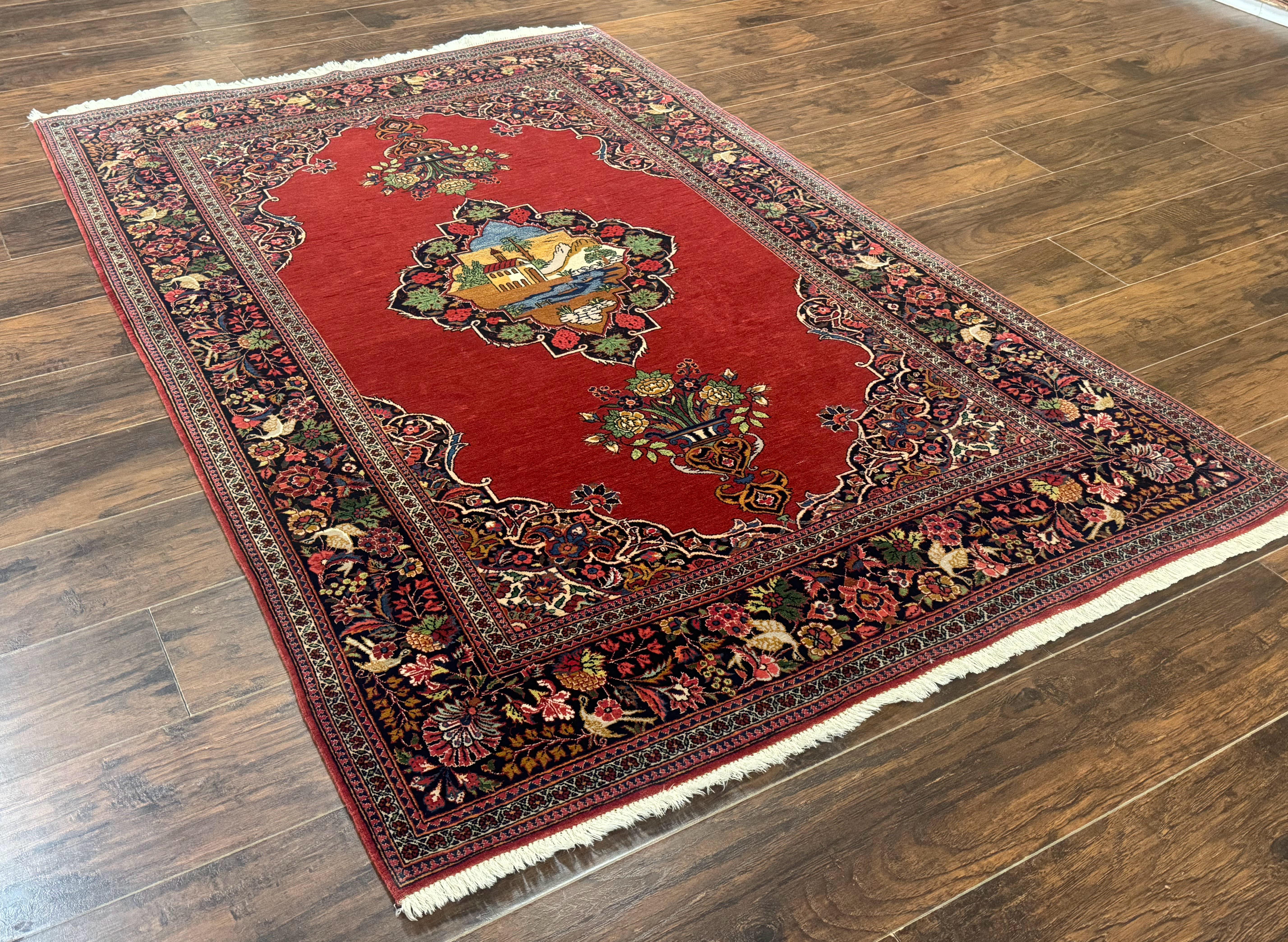 Red Persian Kashan Rug 4x6, Very Fine 260 KPSI, Red and Navy Blue Persian Carpet, Semi Open Field - Jewel Rugs