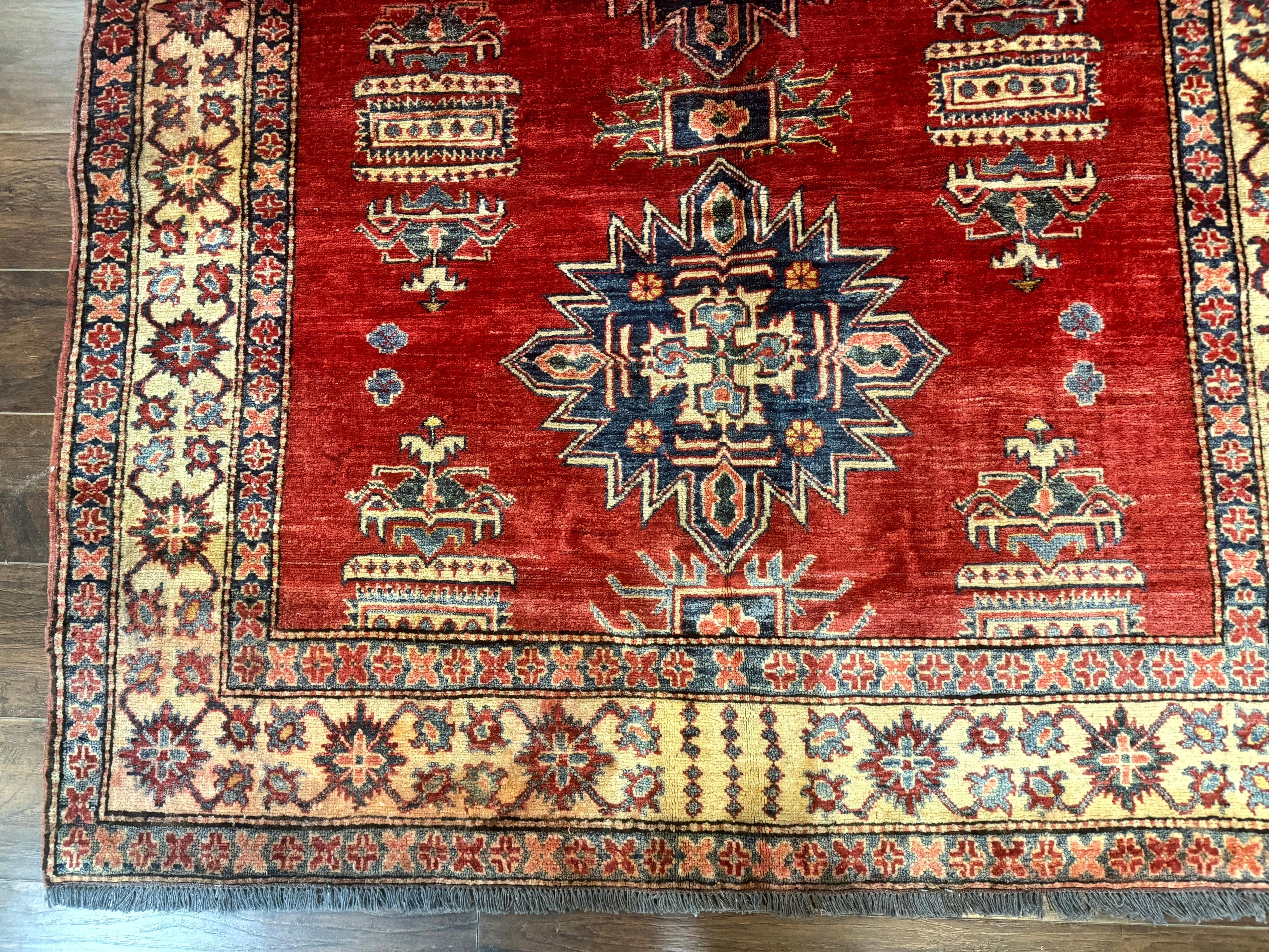 Square Turkish Rug 6x6, Azerbaijani Azeri Turkish Armenian Rug, Red Tan Blue, Geometric, Wool Carpet - Jewel Rugs