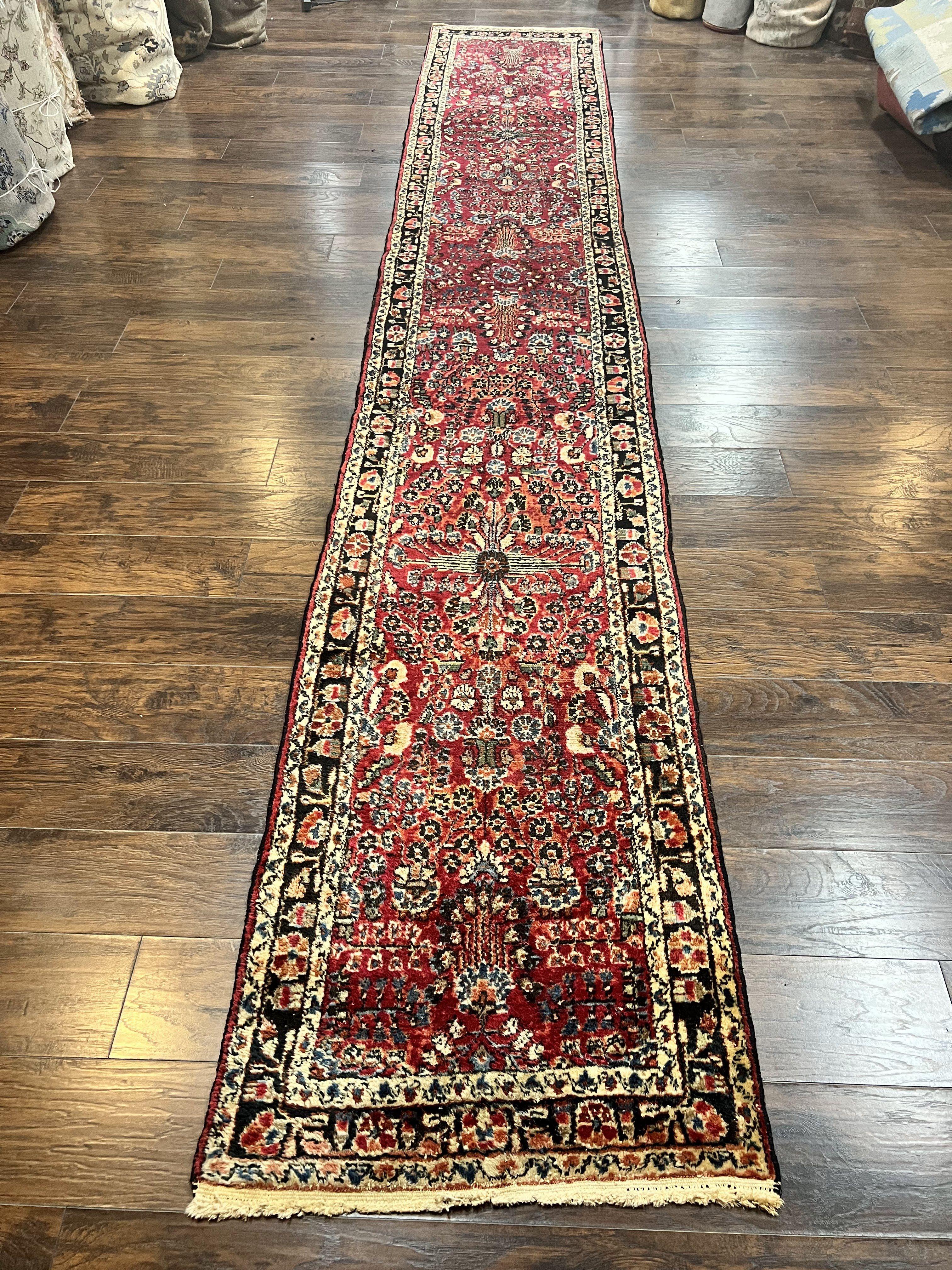 Antique Persian Runner Rug 2.9 x 17, Rare Sarouk Runner, Handmade Wool Rug for Hallway, Red, Floral - Jewel Rugs
