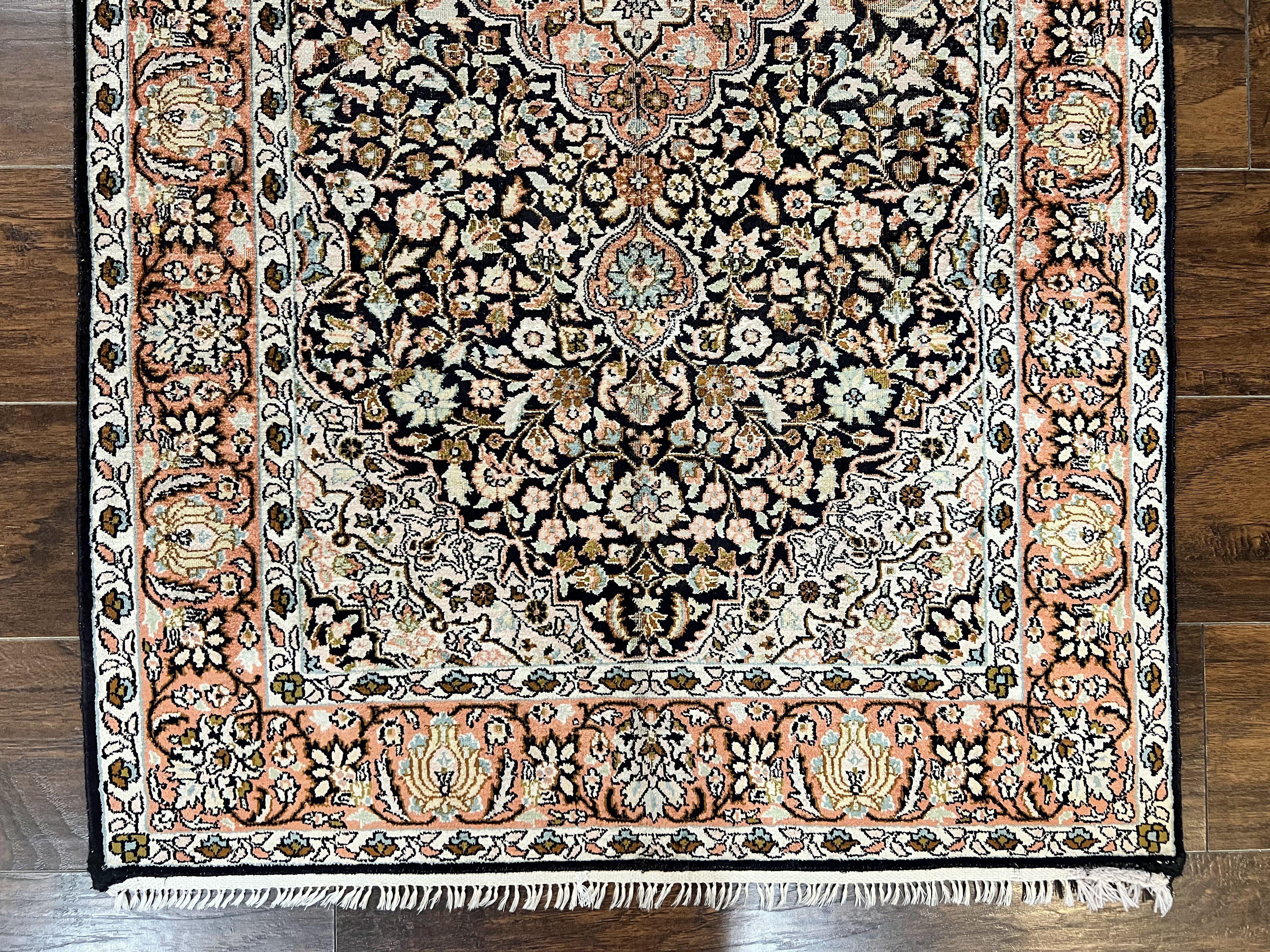 Silk Indian Kashmiri Rug 3x5, Indo Persian Silk on Silk Carpet, Very Fine 350 KPSI, Navy Blue, Handmade, Floral Medallion - Jewel Rugs