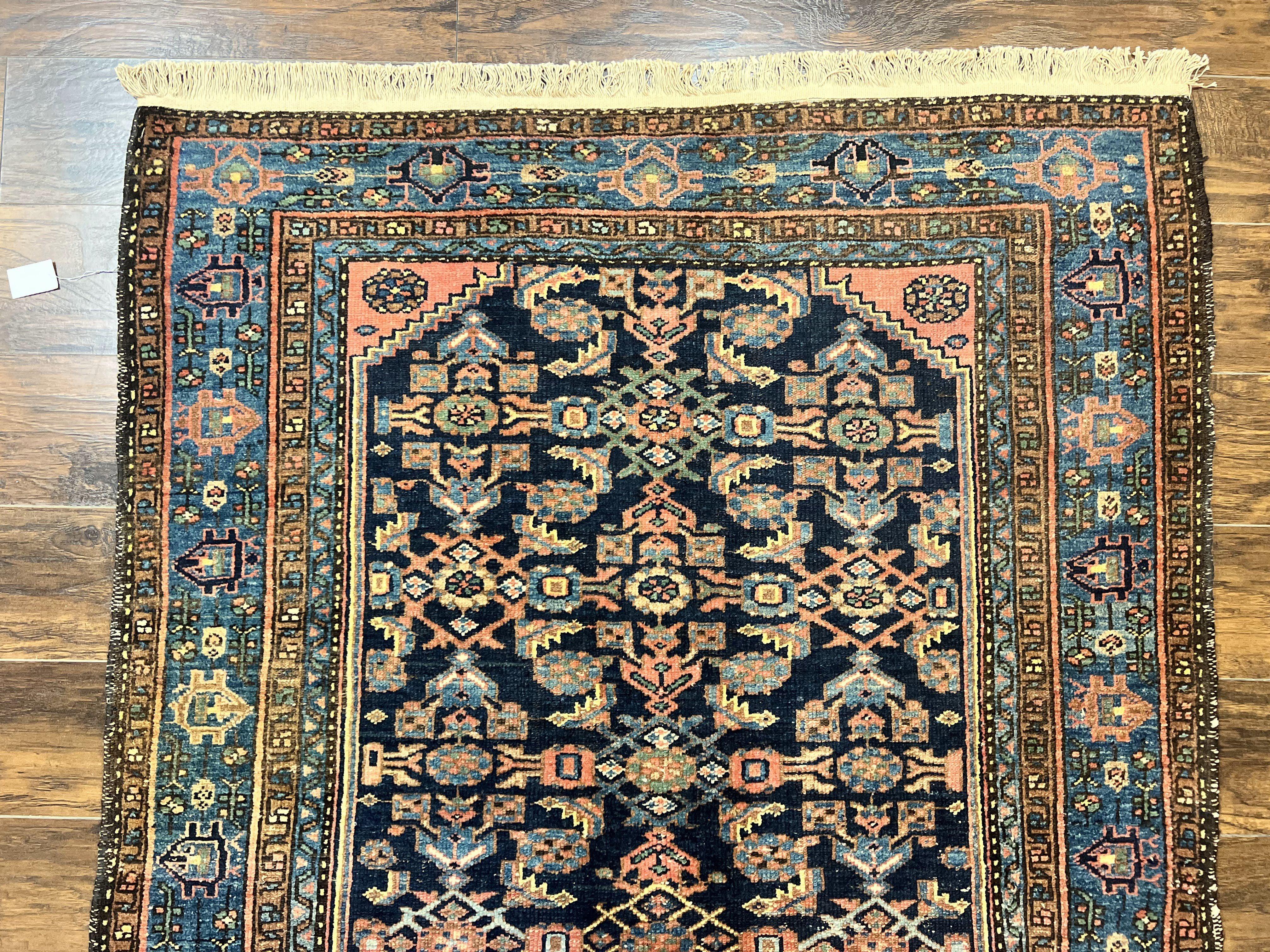 Antique Persian Tribal Rug 5x7, Navy Blue & Pink, Hand Knotted Handmade 1920s Wool Rug, Allover Pattern, Persian Hamadan Rug - Jewel Rugs