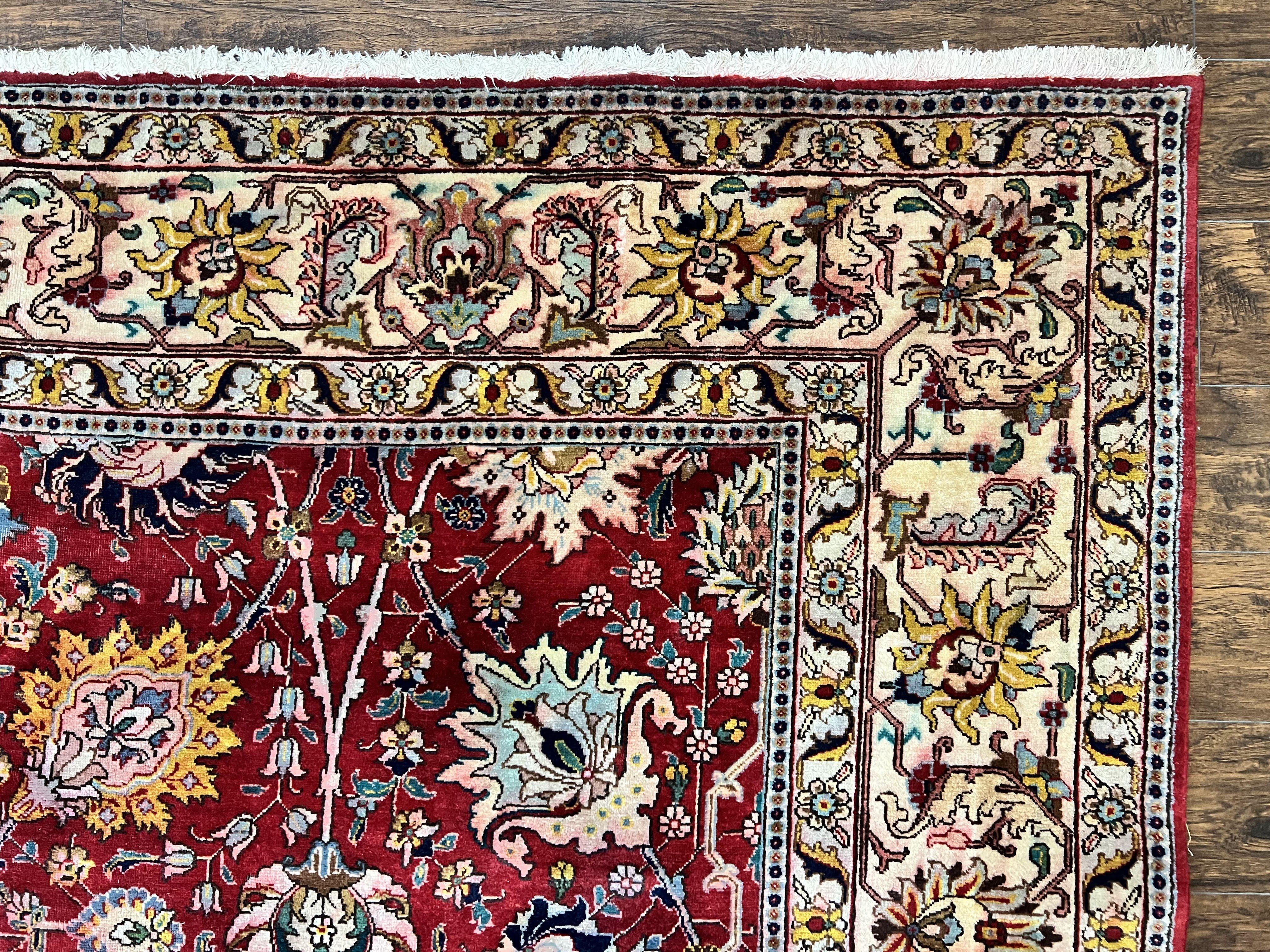Persian Tabriz Rug 10x12, Floral Allover, Handmade Vintage Wool Carpet, Red and Cream - Jewel Rugs