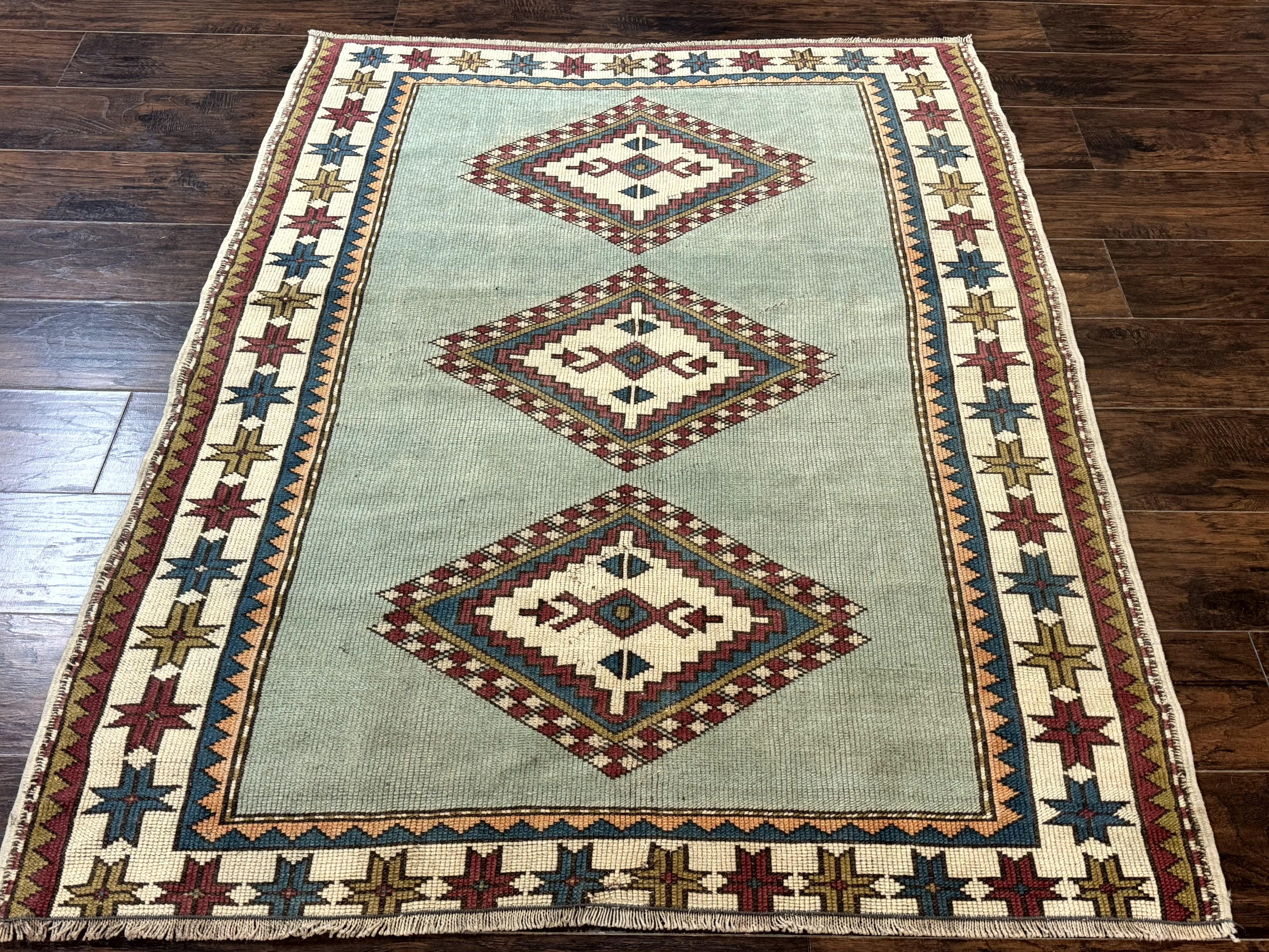 Turkish Kazak Rug 4x6, Geometric Medallion, Caucasian Design Rug, Semi Antique Vintage, Mint Green Maroon Ivory - Jewel Rugs