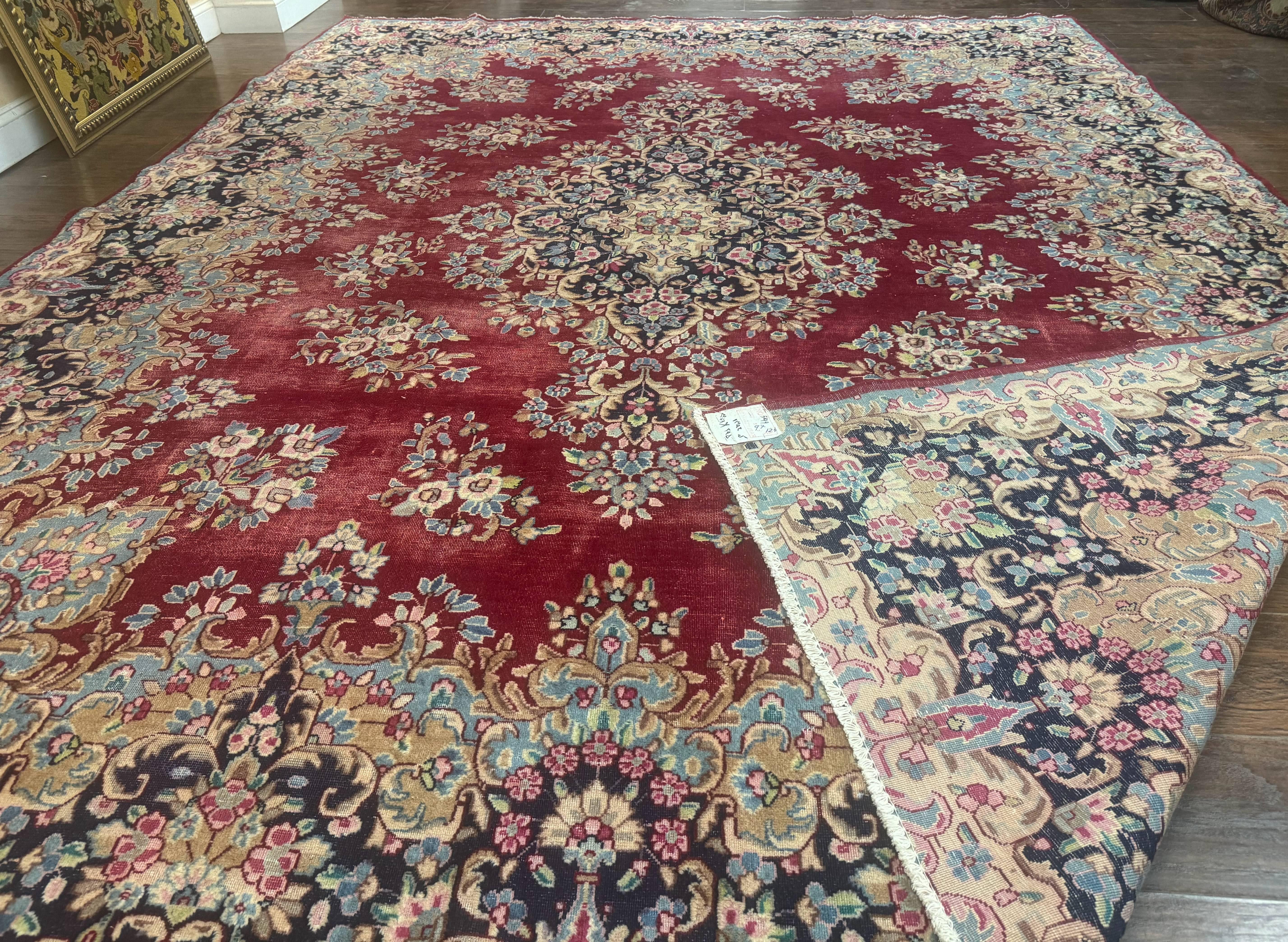 Persian Kerman Rug 10x12, Raspberry Red and Navy Blue, Traditional Persian Carpet - Jewel Rugs