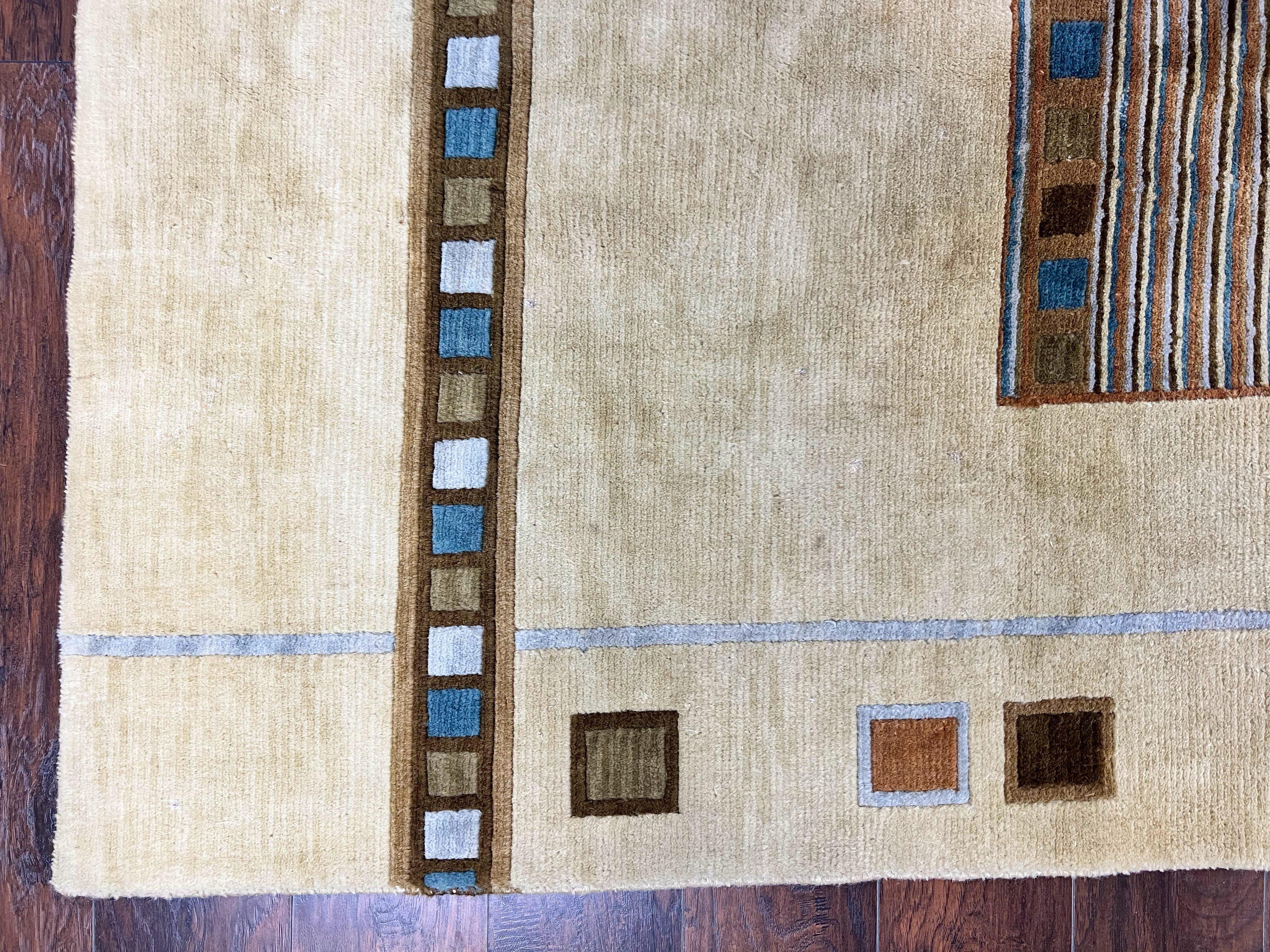 Tibetan Rug 5x8, Contemporary Rug 5 x 8 ft, Cream Brown Blue Hand-Knotted Wool w/ Silk Highlights Tibetan Carpet, Modern Rug - Jewel Rugs