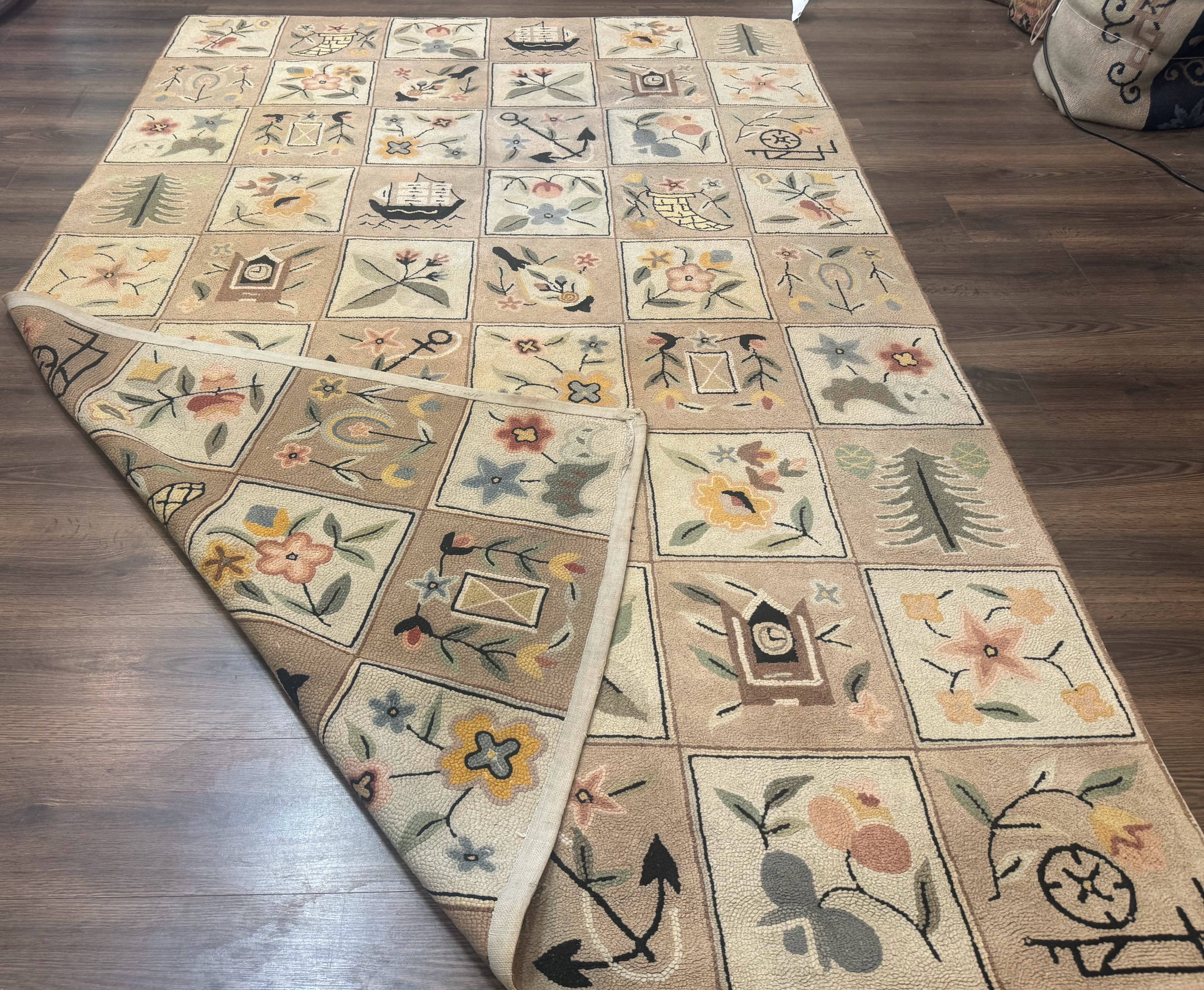 American Hooked Rug 6x9, Panel Design, Vintage, Ivory & Soft Pink - Jewel Rugs