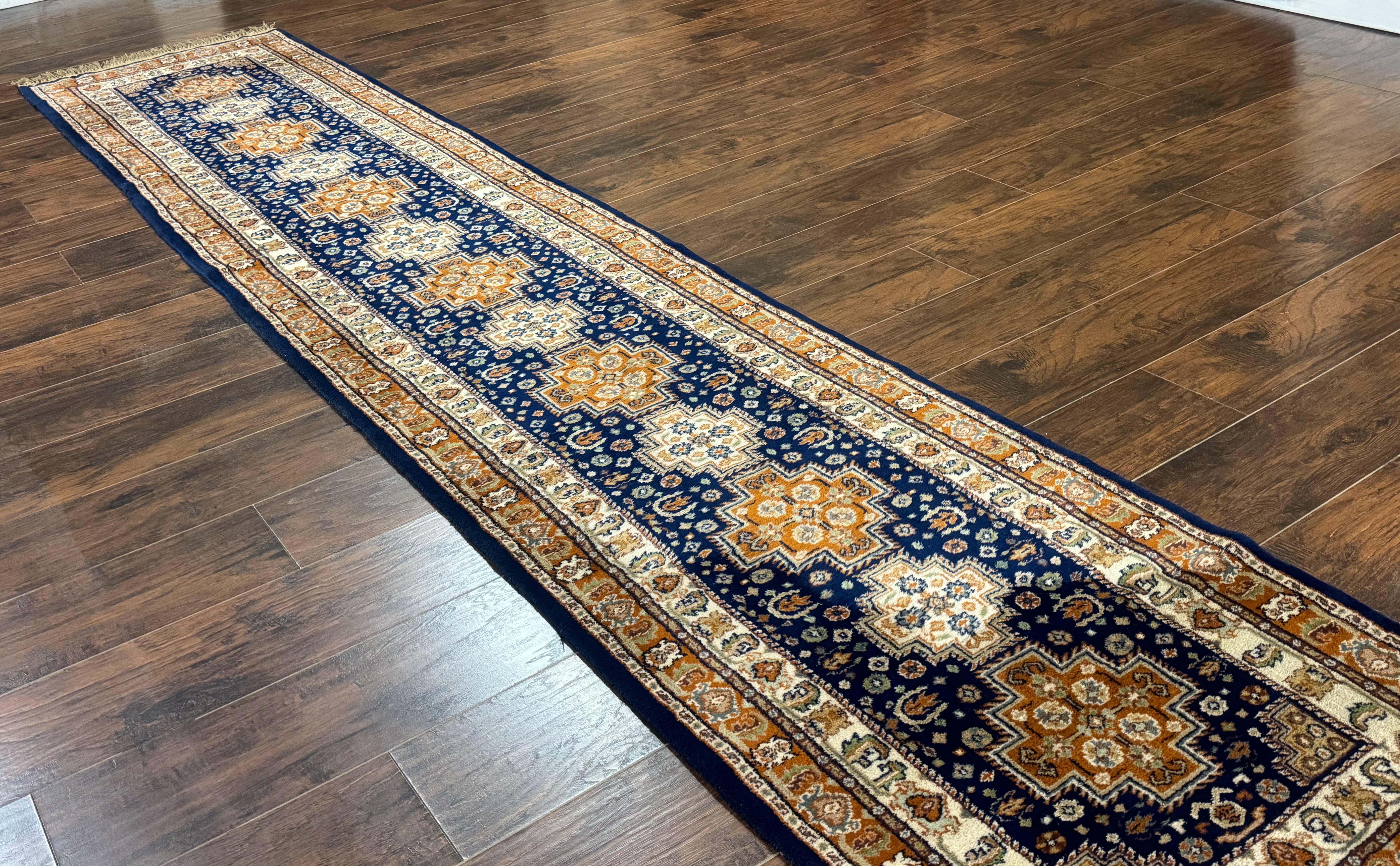 Indo Persian Runner Rug 2.6 x 12.7, Indian Kashmiri Runner for Hallway or Kitchen, Navy Blue, Geometric Medallions, Handmade Wool - Jewel Rugs