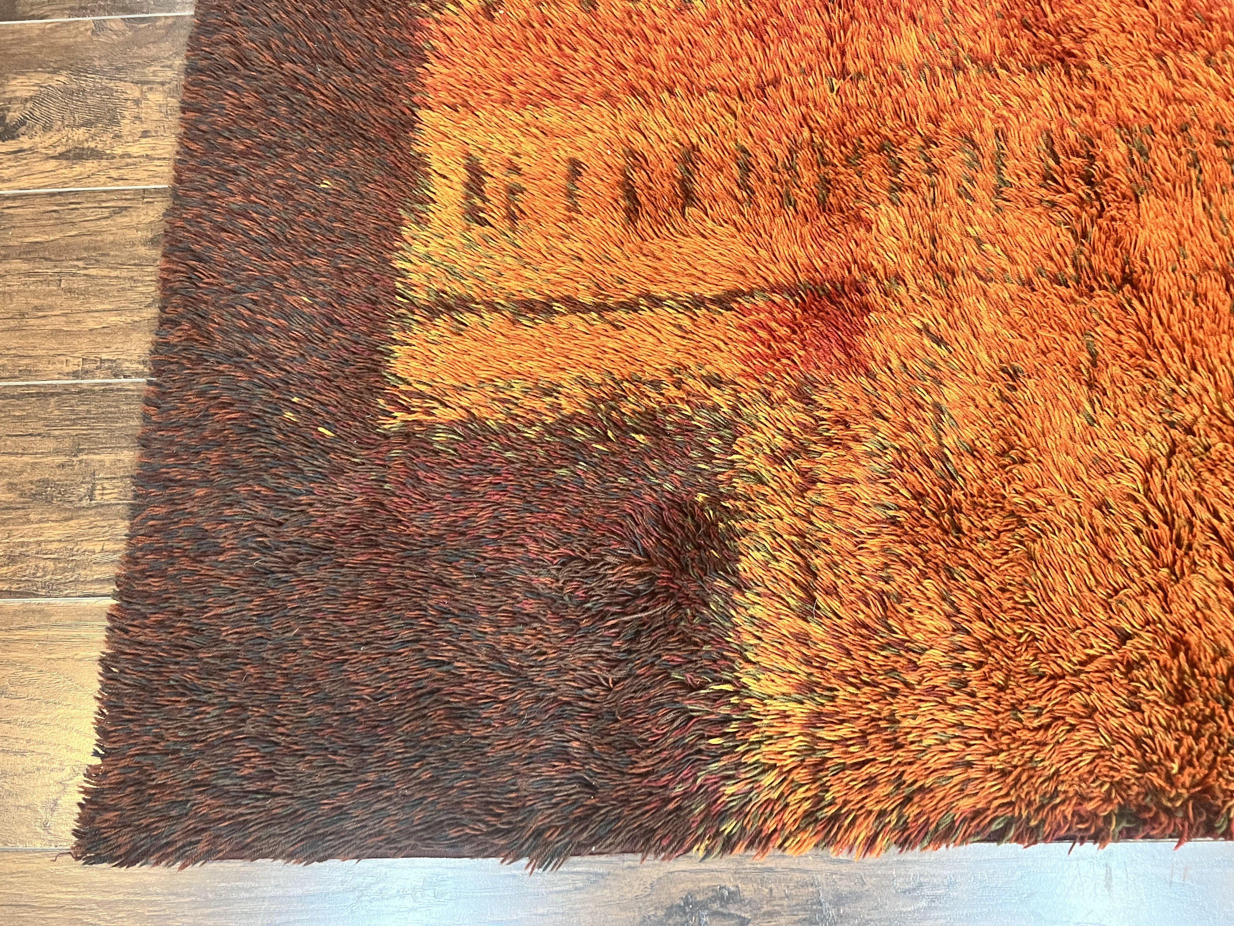 Rya Shag Rug 6x9, Finnish Rya Carpet, Mid Century Vintage Rug, Modern Abstract Design, Orange Brown, Wool Pile - Jewel Rugs