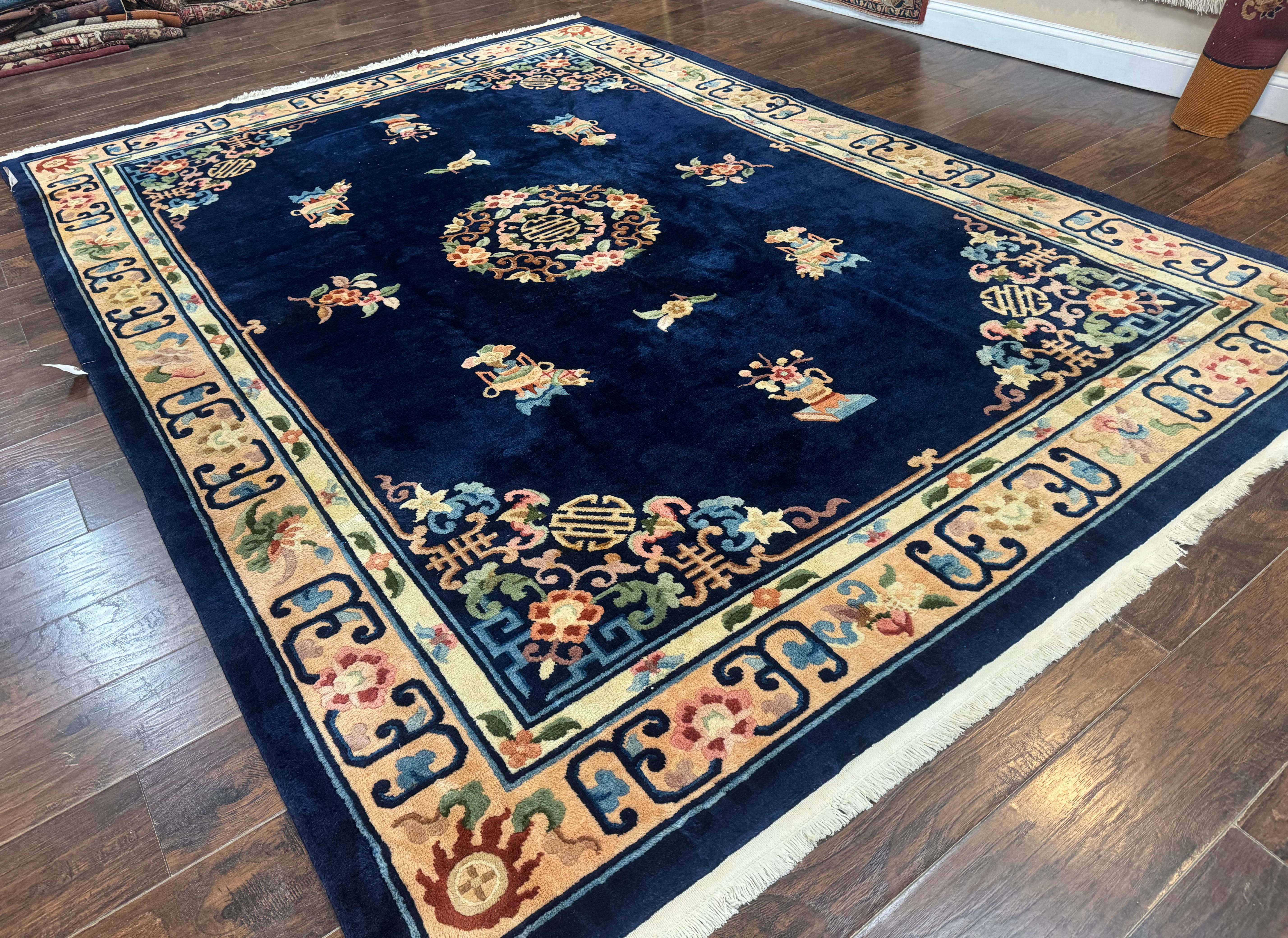 Chinese Wool Rug 8x11, Navy Blue and Beige, Simple Design, Fete Carpet - Jewel Rugs