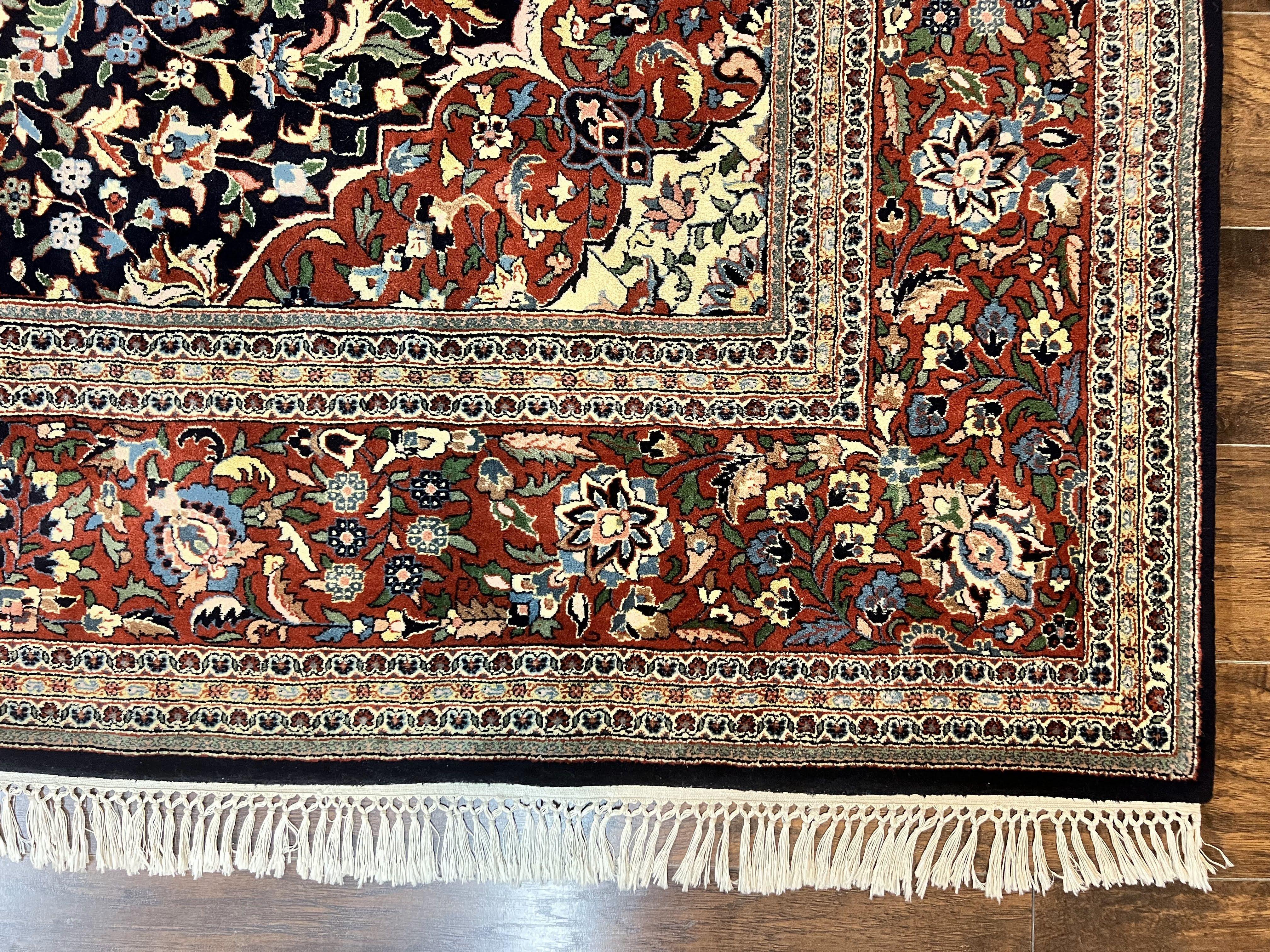 Indo Persian Rug 8x10, Floral Medallion, Vintage Handmade Wool Carpet, Navy Blue and Red, Fine 300 KPSI - Jewel Rugs