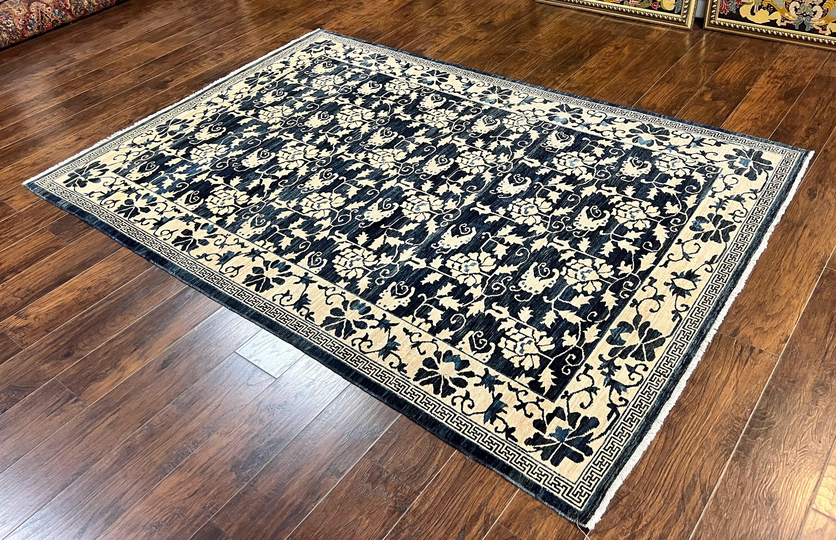 Sino Persian Rug 6x9, Hand Knotted Wool Carpet, Floral Allover, Blue Cream-Tan - Jewel Rugs