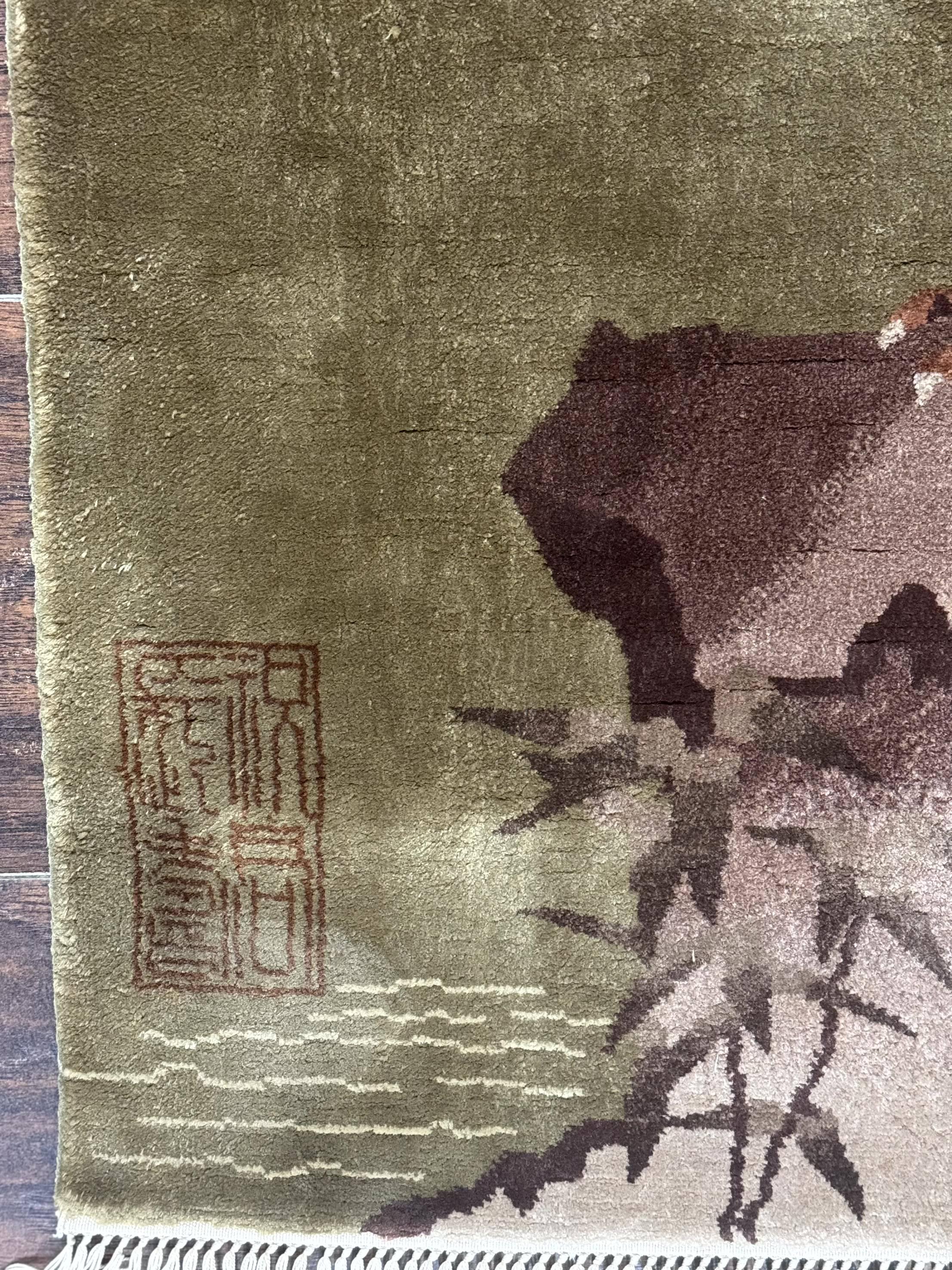 Silk Chinese Wall Hanging 2x4, Vintage Antique, Handmade, Bird on Mountain, Rug Tapestry - Jewel Rugs