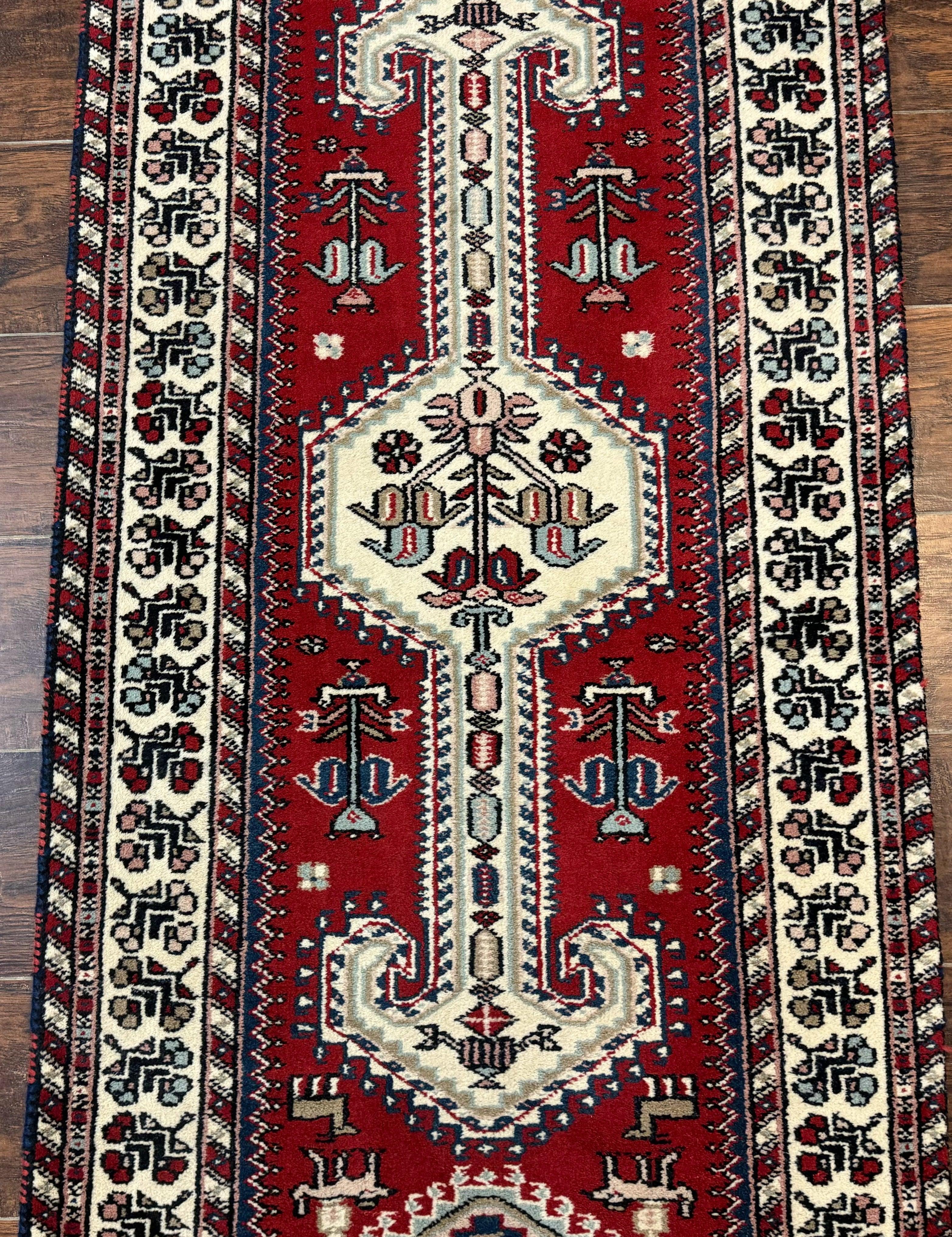 Indo Persian Runner Rug 2.6 x 12, Heriz Geometric Caucasian Design, Animal Pictorials, Tribal Runner Rug, Vintage Handmade Wool Red - Jewel Rugs