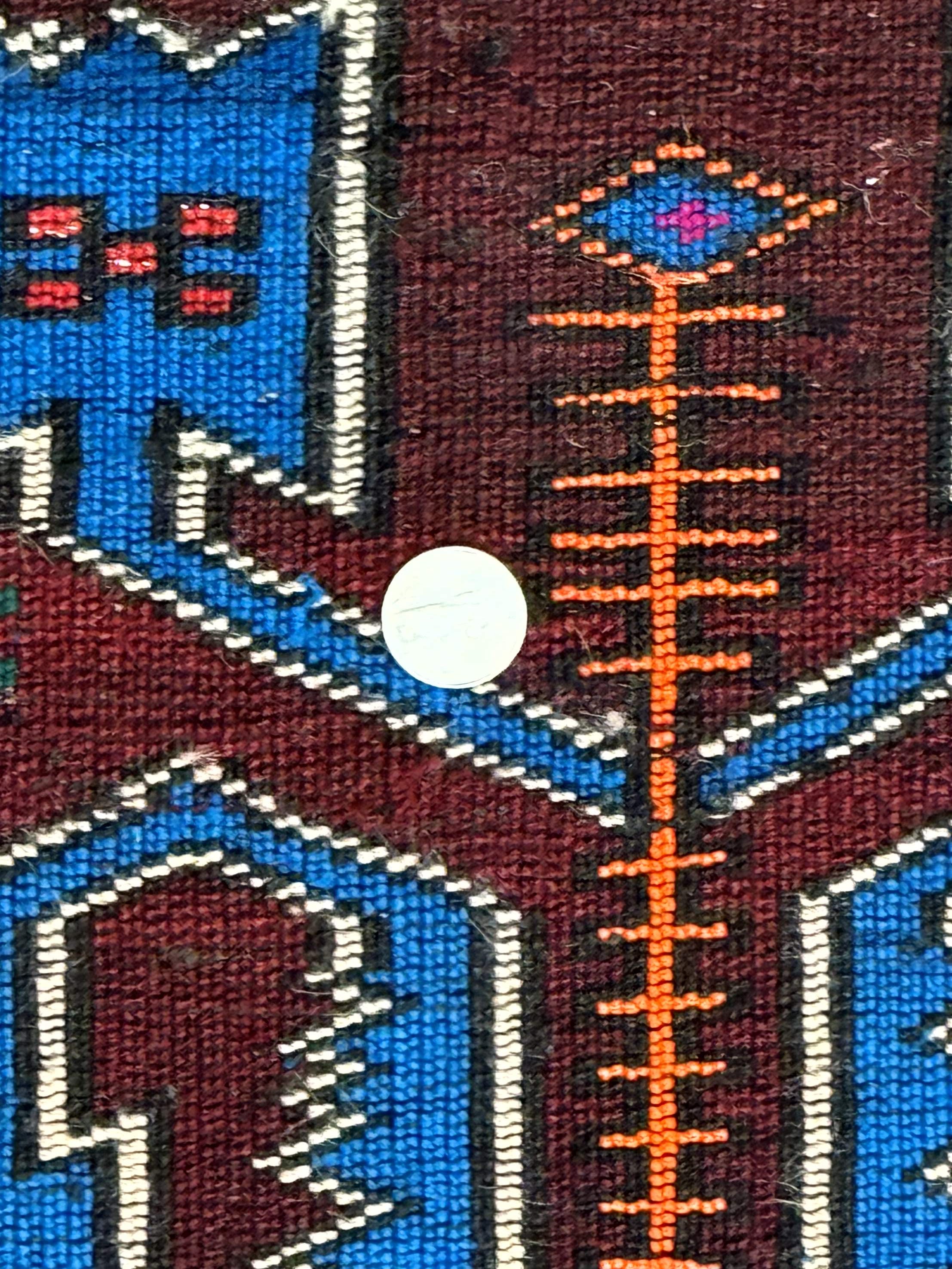 Persian Tribal Rug 1.8 x 2, Small Balouchi Rug, Unique Design, Burgundy and Blue - Jewel Rugs