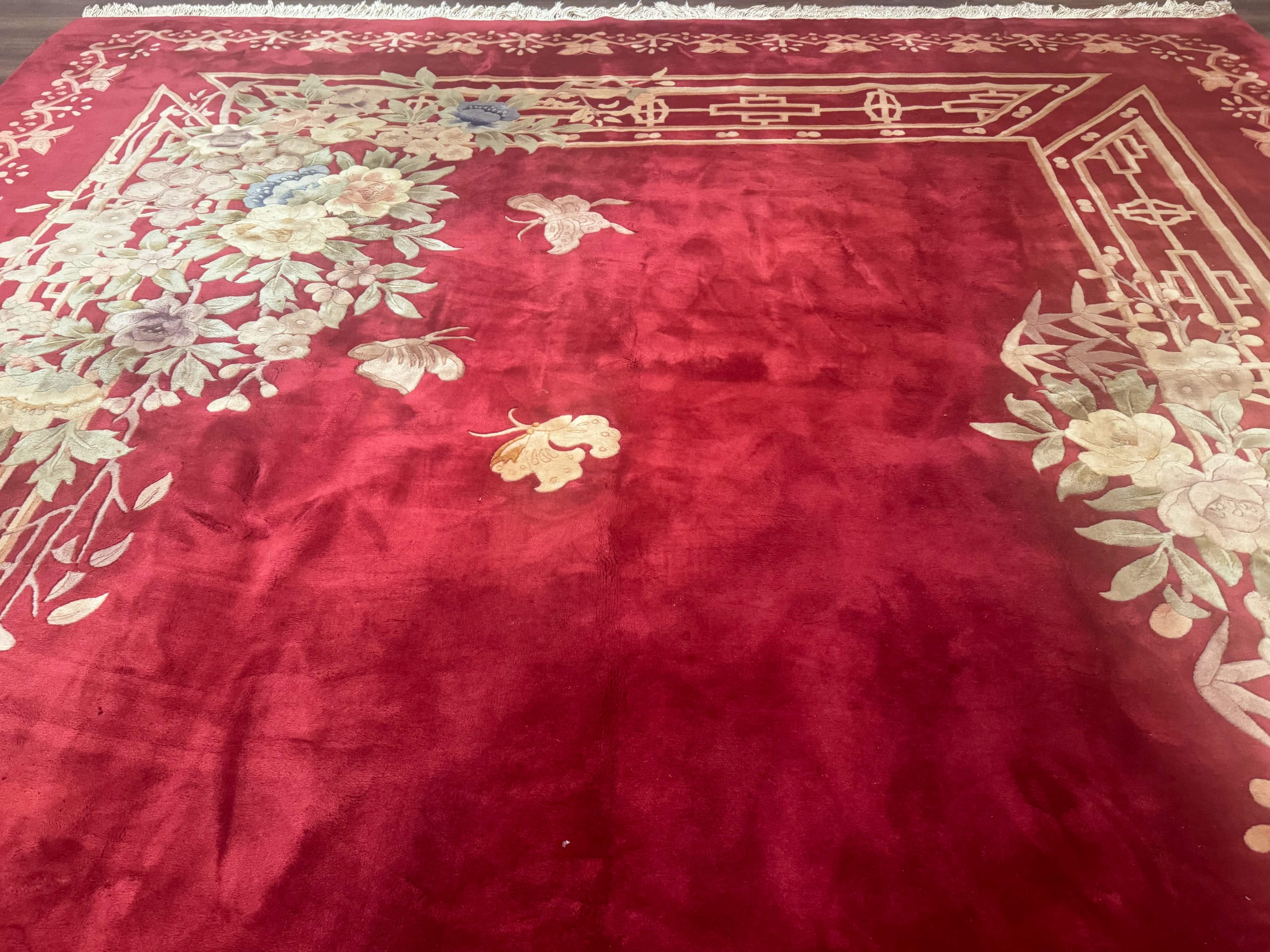 Palace Size Chinese Wool Rug 12x18, Red Art Deco Chinese Carving Carpet, Butterflies Flowers - Jewel Rugs