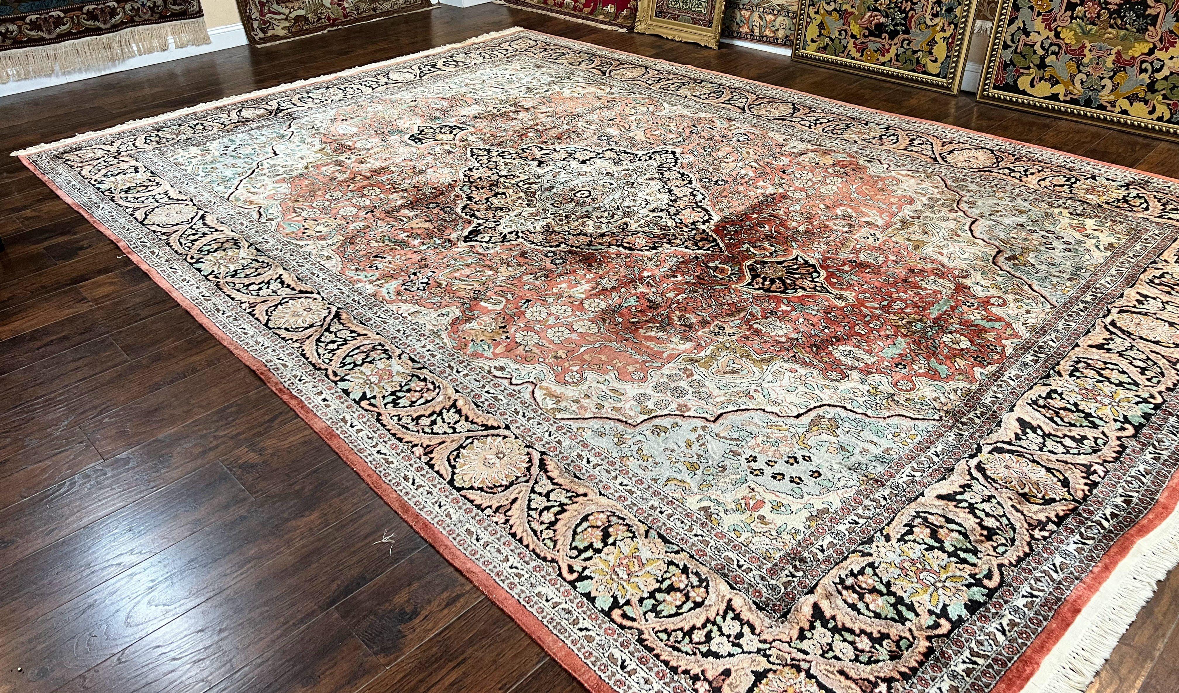 Silk Indian Kashmir Rug 10x14, Room Sized Silk Oriental Carpet, Indo Persian Kashmiri Rug, Traditional Floral Medallion Handmade Rug - Jewel Rugs