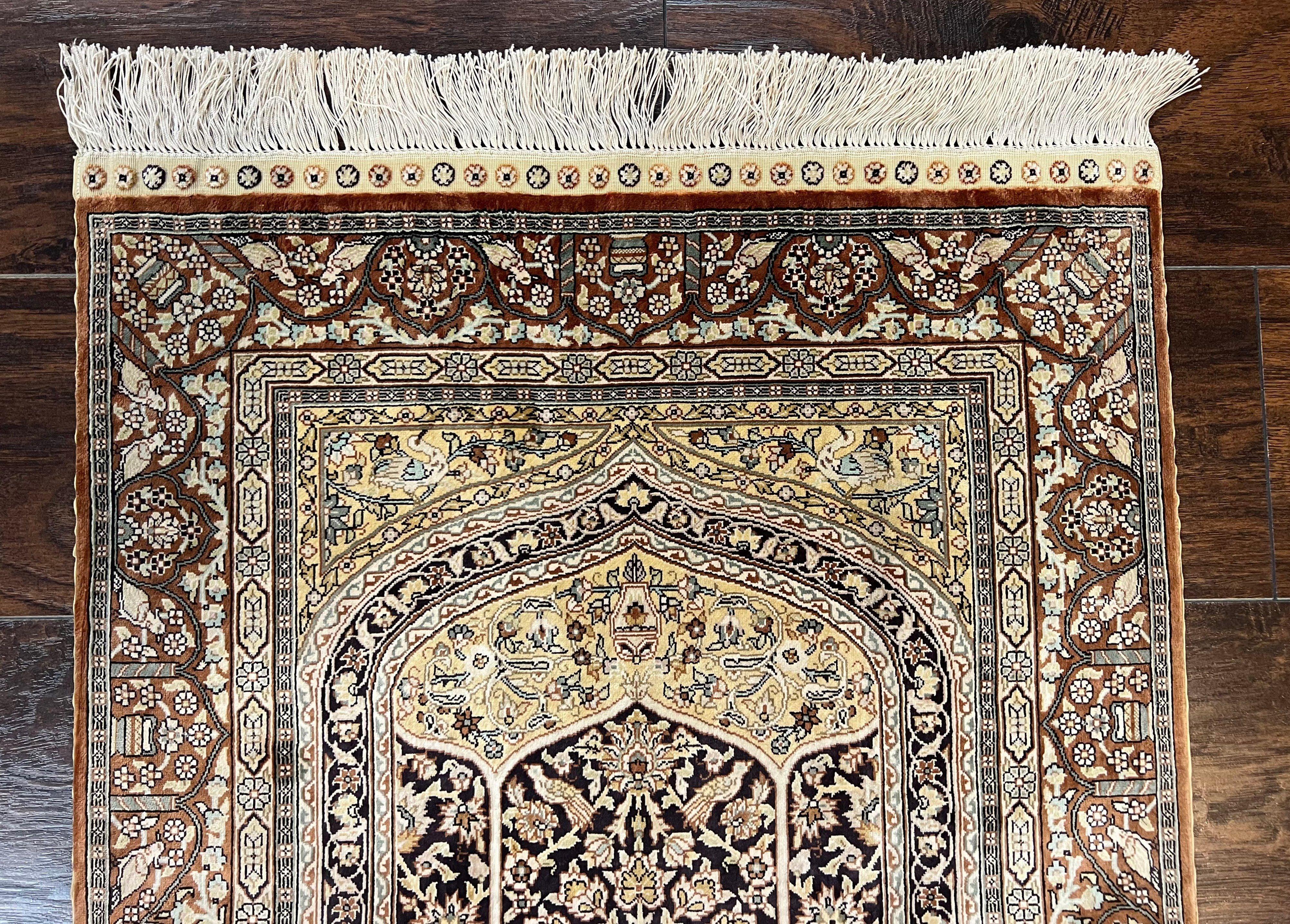 Turkish Silk Hereke Rug 2x3, Floral Vase Tree of Life Birds, Silk Pile on Silk Foundation, Vintage Oriental Carpet, Very Fine, Signature - Jewel Rugs