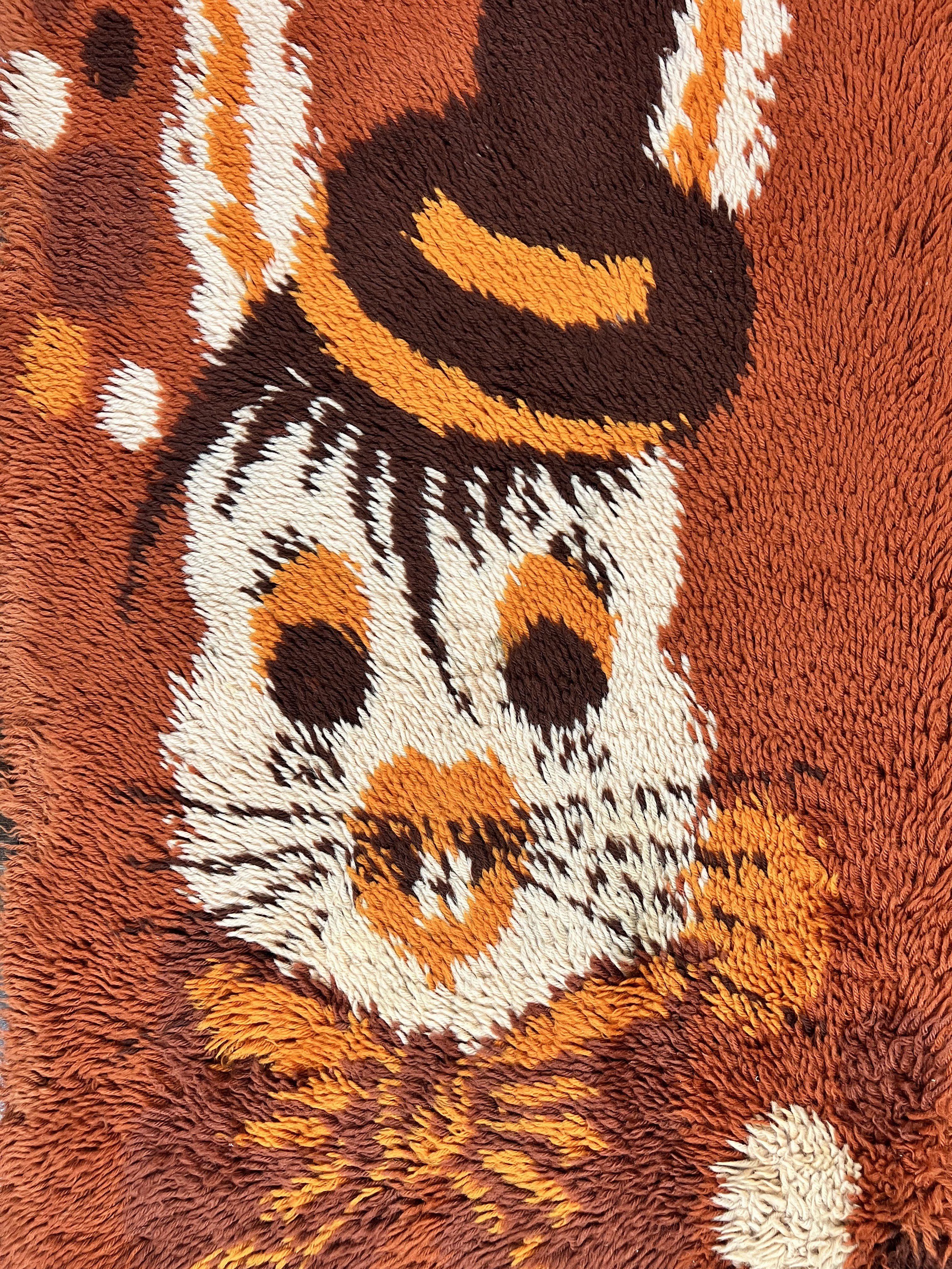 Rya Shag Rug 2x4, Rabbit in Top Hat, Wool, Orange, Vintage 1960s Danish Shag Rug - Jewel Rugs