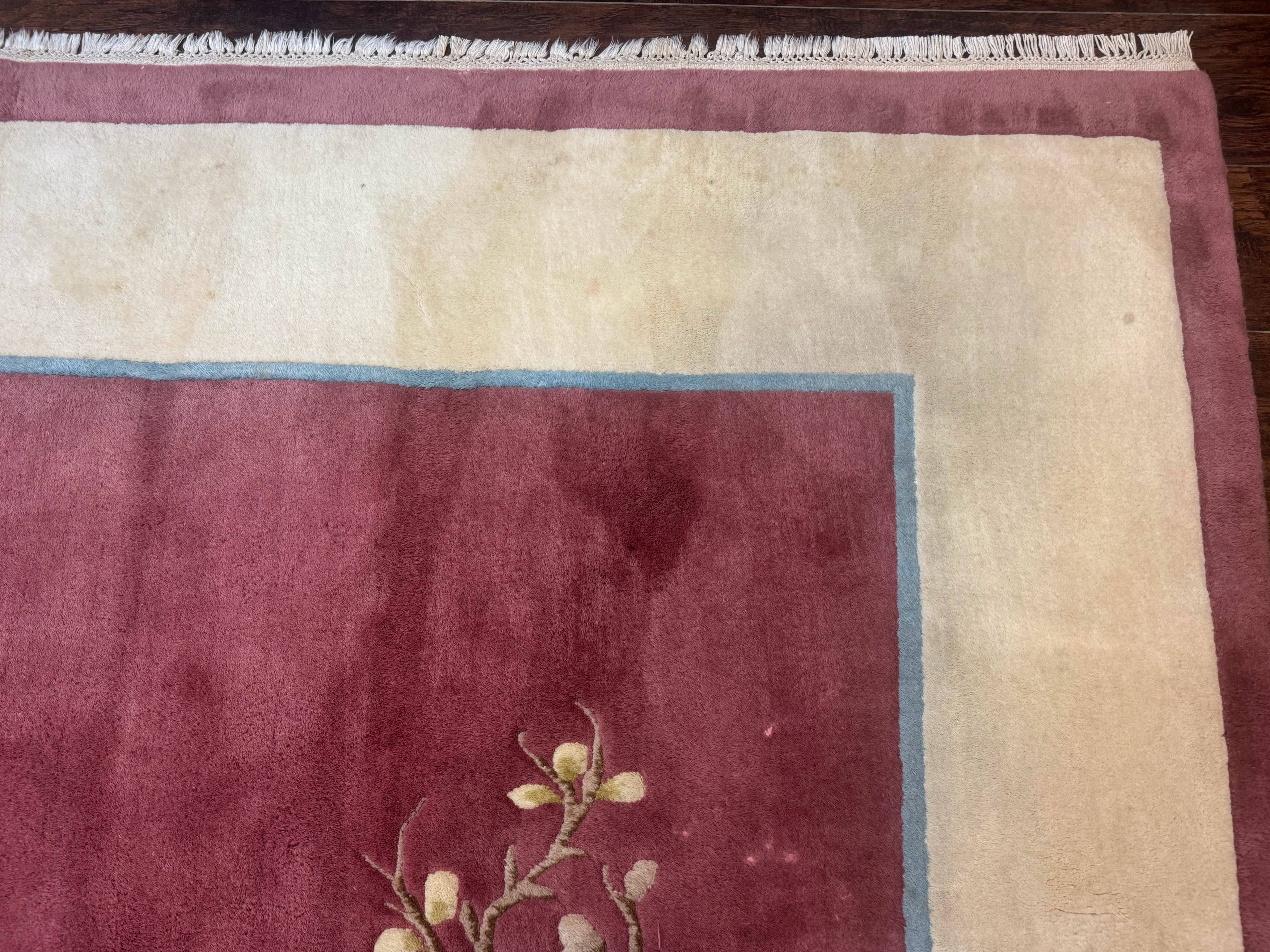 Indo Chinese Art Deco Rug 9x12, Pink and Ivory, Open Filed, Floral, Wool - Jewel Rugs