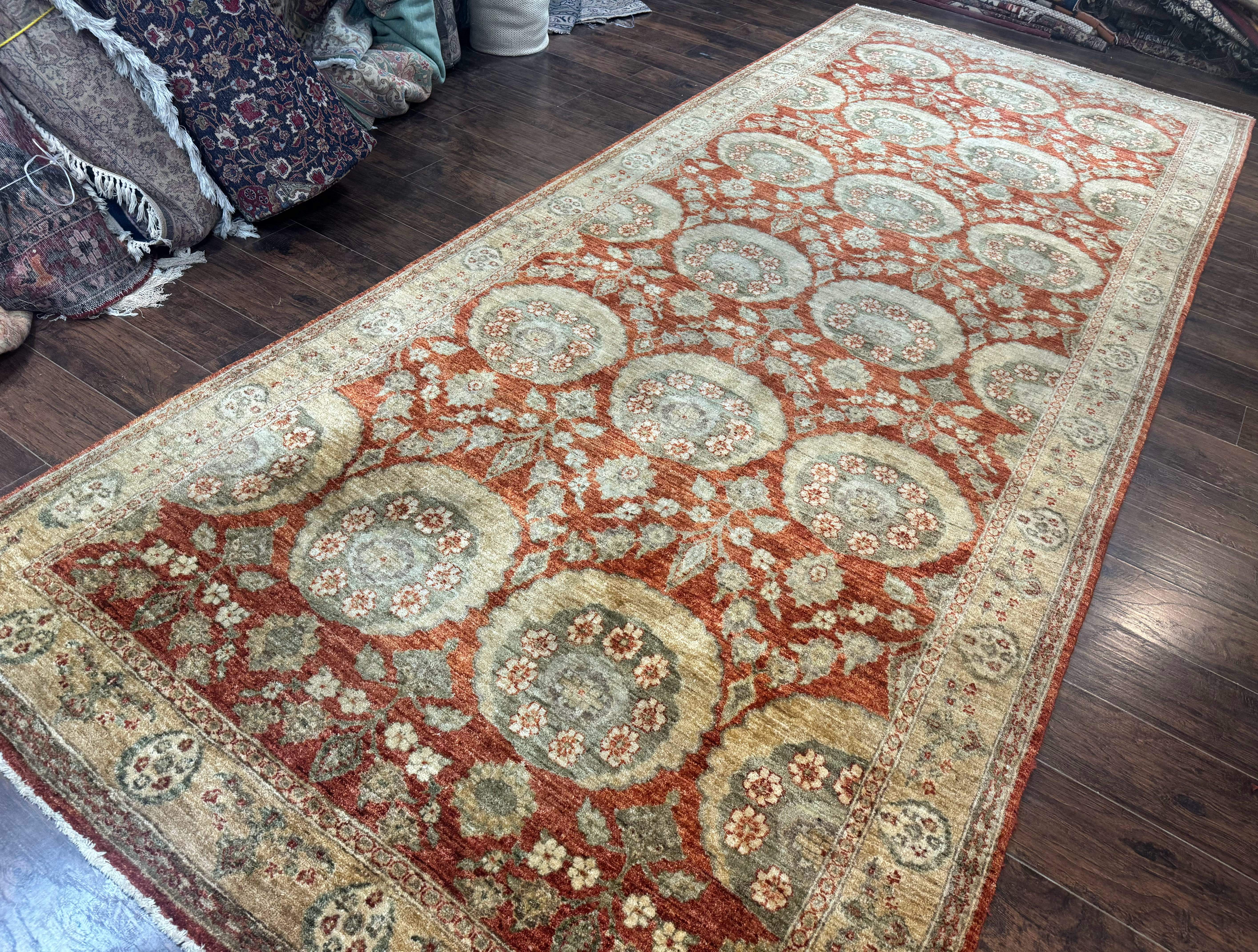 Pakistani Peshawar Wide Runner Rug 6x15 ft, Light Rust Red & Gold, Hand-Knotted Wool Chobi Carpet - Jewel Rugs