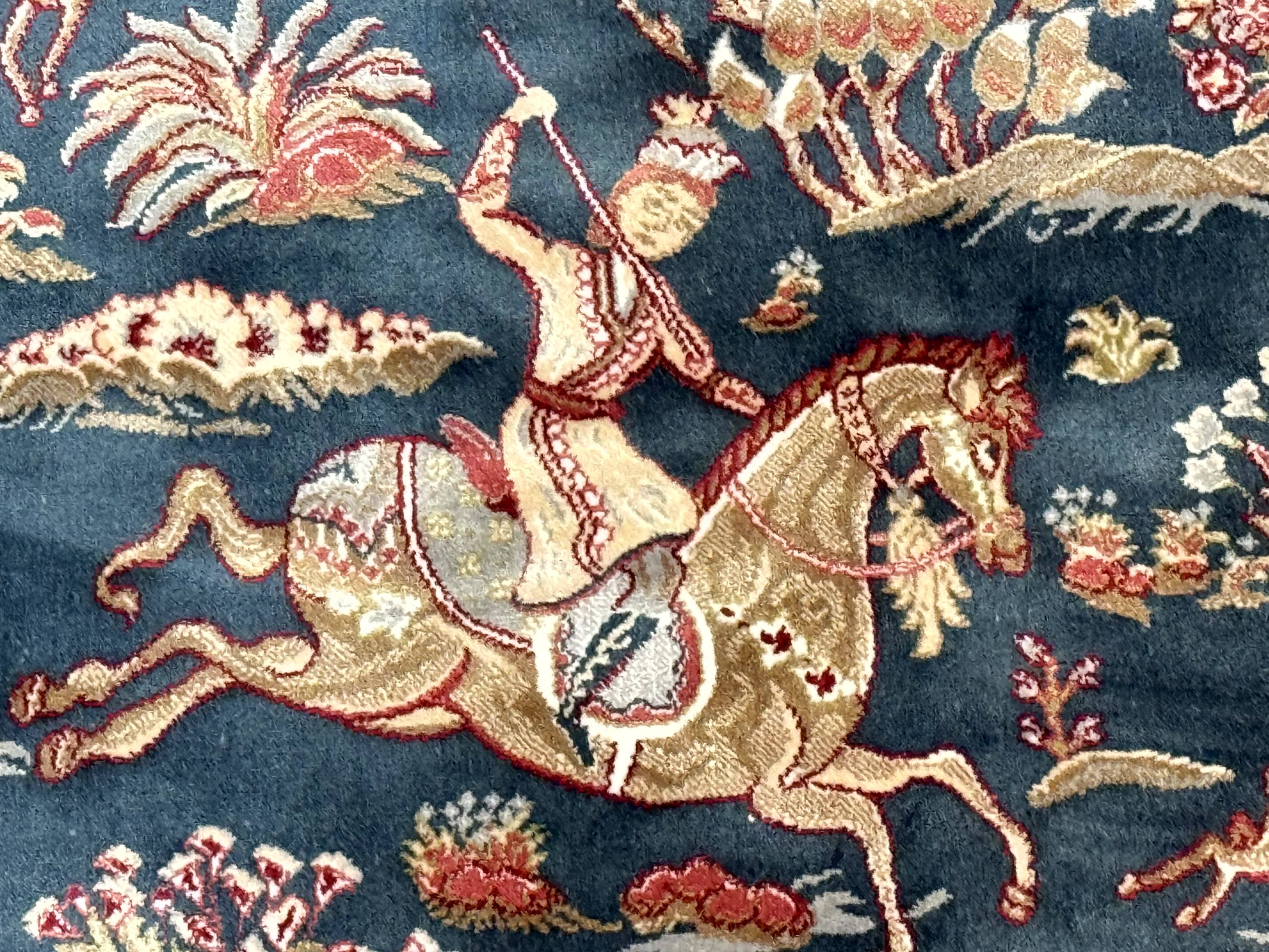 Turkish Silk Hunting Design Rug 4x6, Dark Steel Blue & Ivory, Bamboo Silk, New - Jewel Rugs