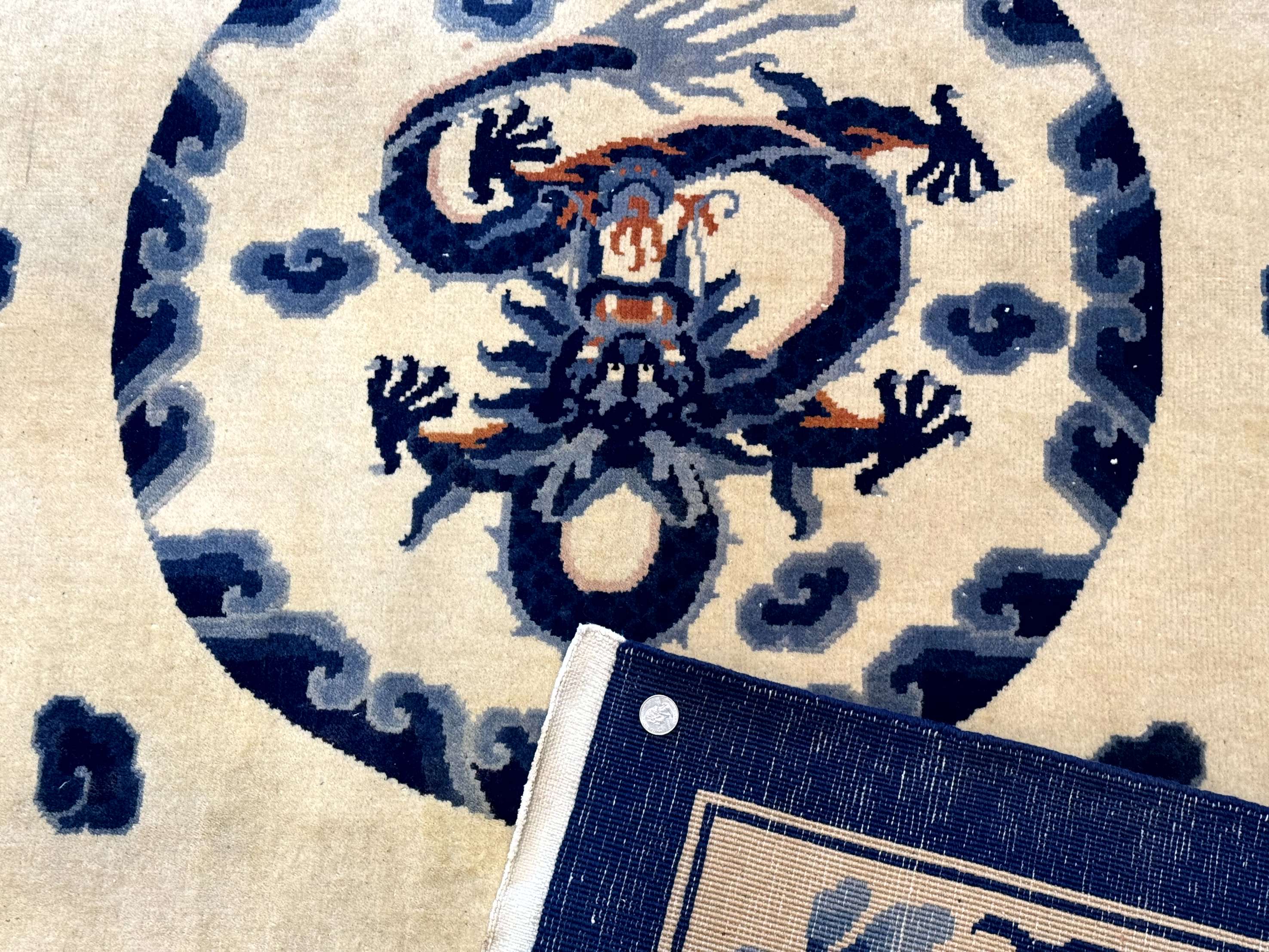 Chinese Dragon Peking Rug 8 x 11.6, Ivory and Blue, Chinese Wool Rug, Vintage - Jewel Rugs