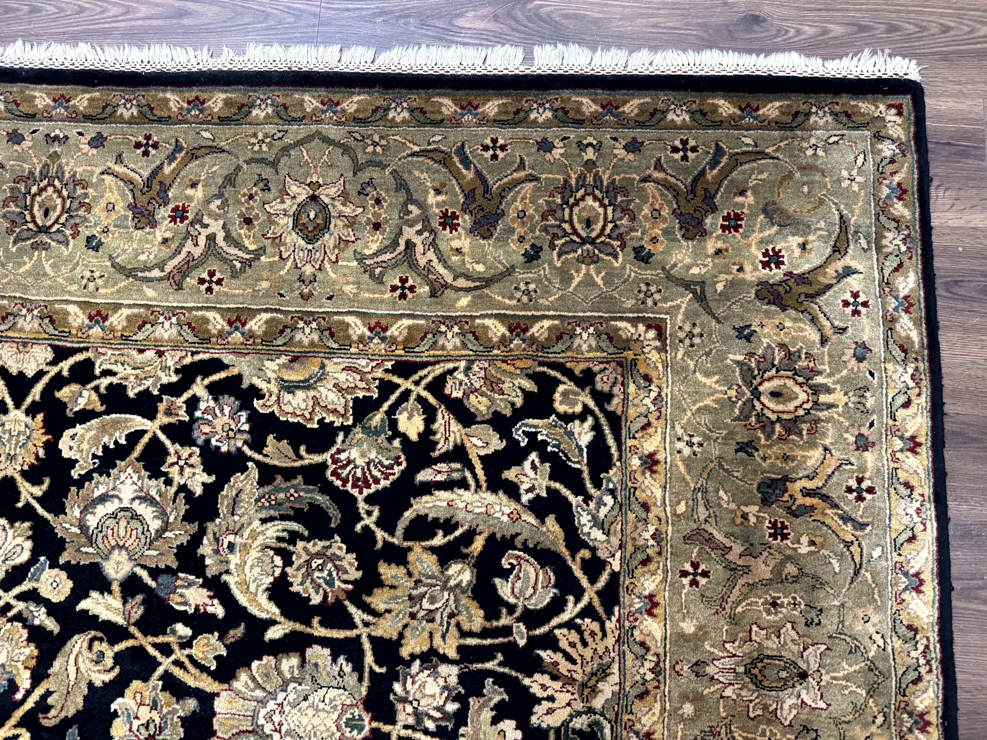 Indo Persian Rug 8x10, Black and Green, Wool, Handmade, Traditional, Floral Allover, Vintage - Jewel Rugs