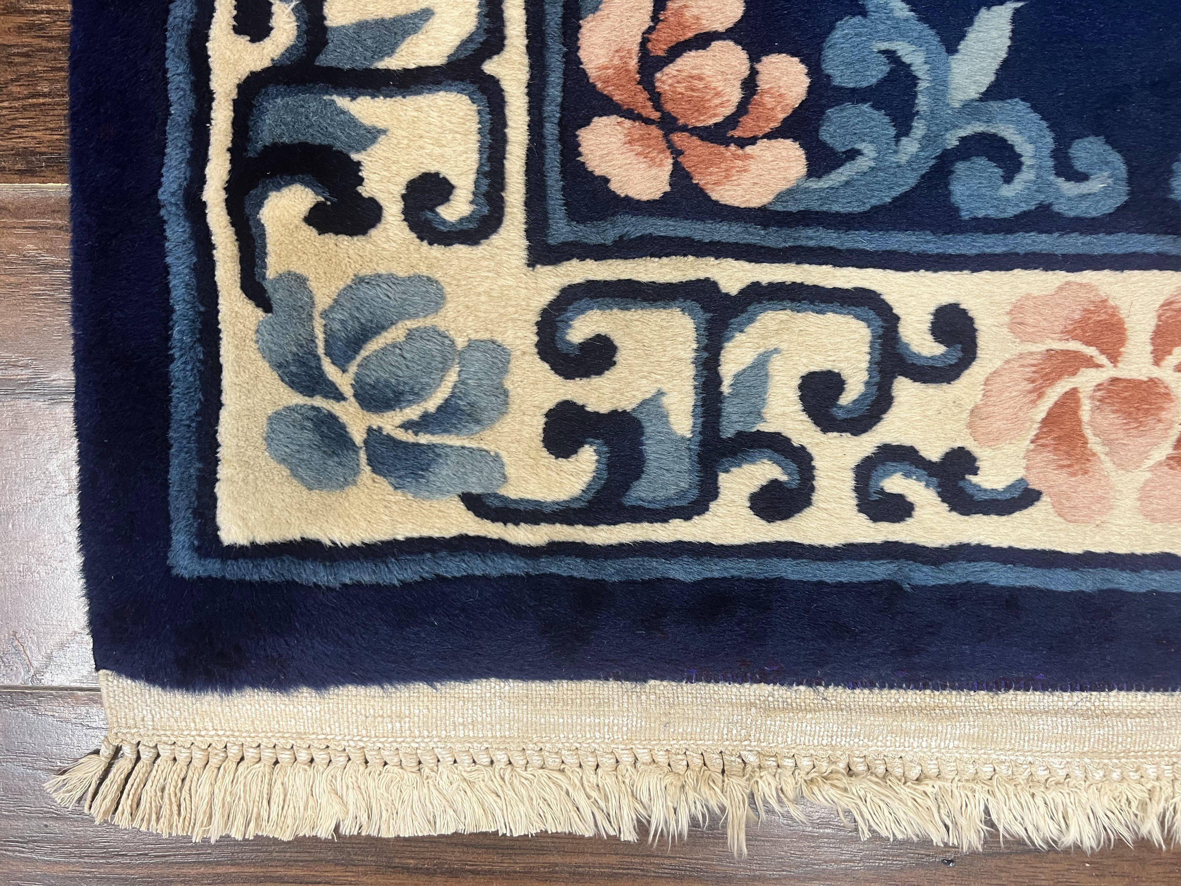 Chinese Wool Runner Rug 2.6 x 12, Blue and Beige, Handmade Vintage Wool Rug for Hallway, 12ft Runner, Asian Oriental Art Deco 90 Line Rug - Jewel Rugs