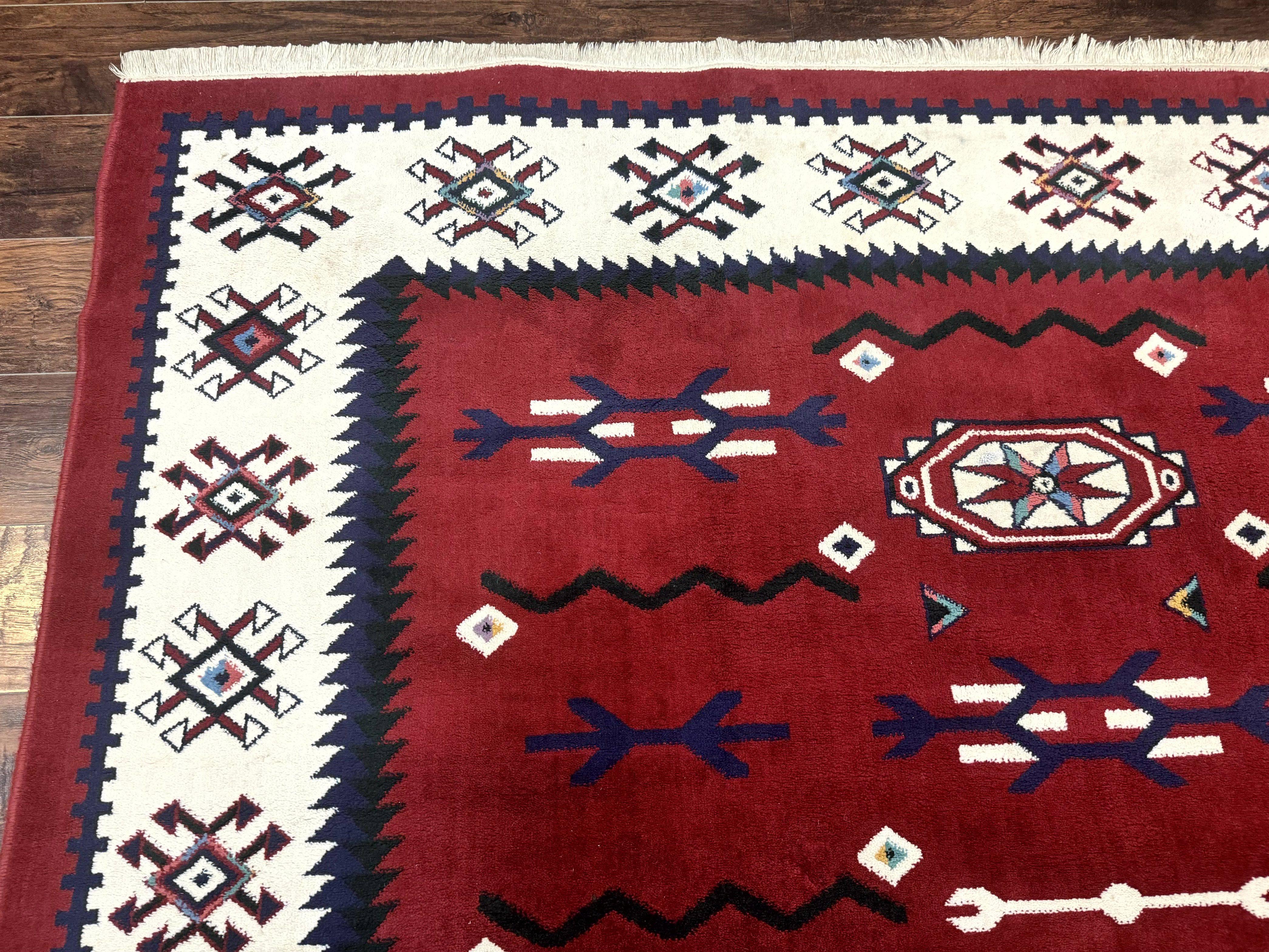 Belgium Power Loomed Rug 8x11, Navajo Native American Design, Dark Red and Ivory, Tribal Rug, Bohemian Carpet - Jewel Rugs