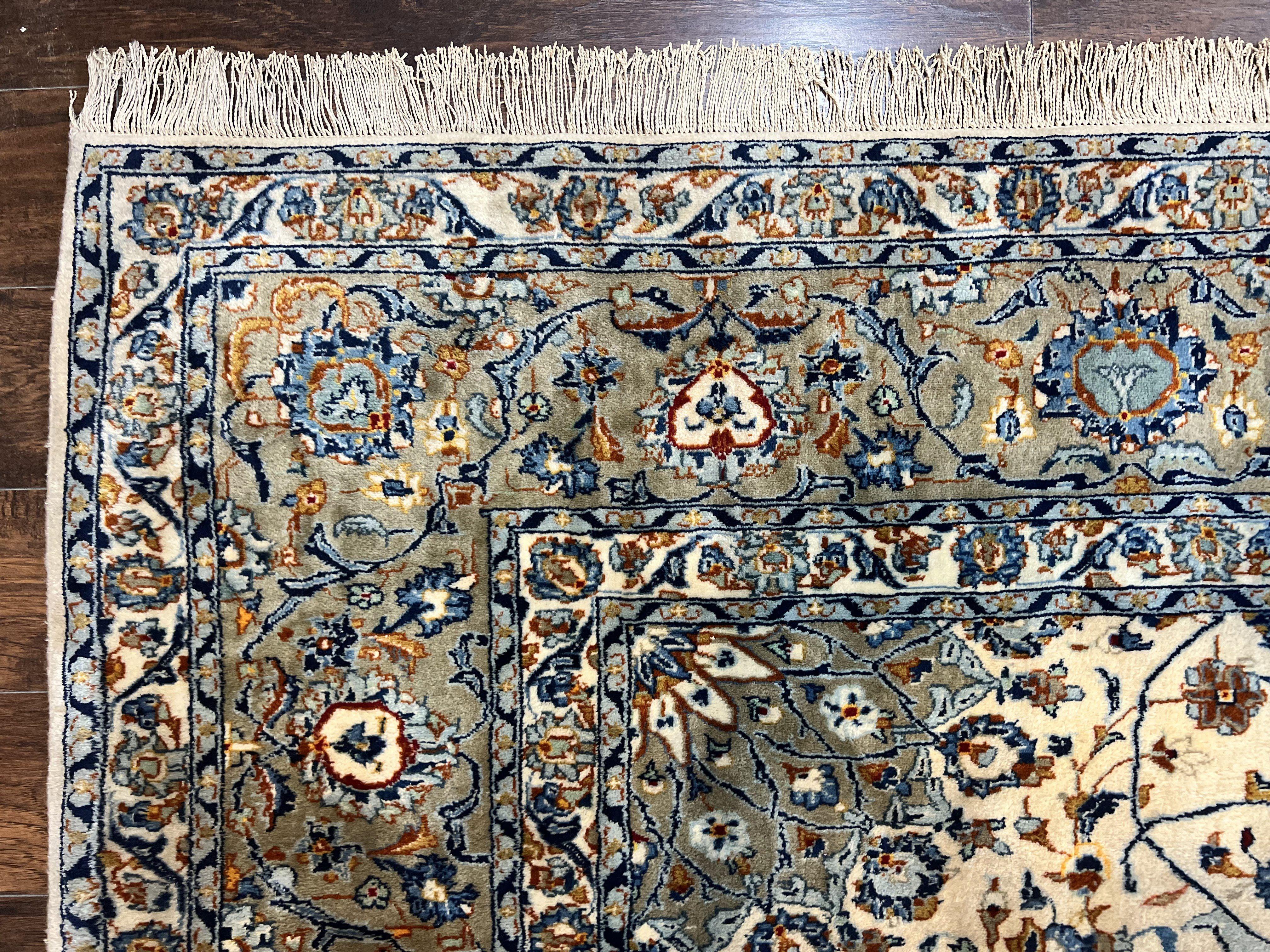 Persian Kashan Rug 10x13, Floral Medallion, Cream, Hand Knotted Antique Persian Carpet, Large Wool Rug - Jewel Rugs