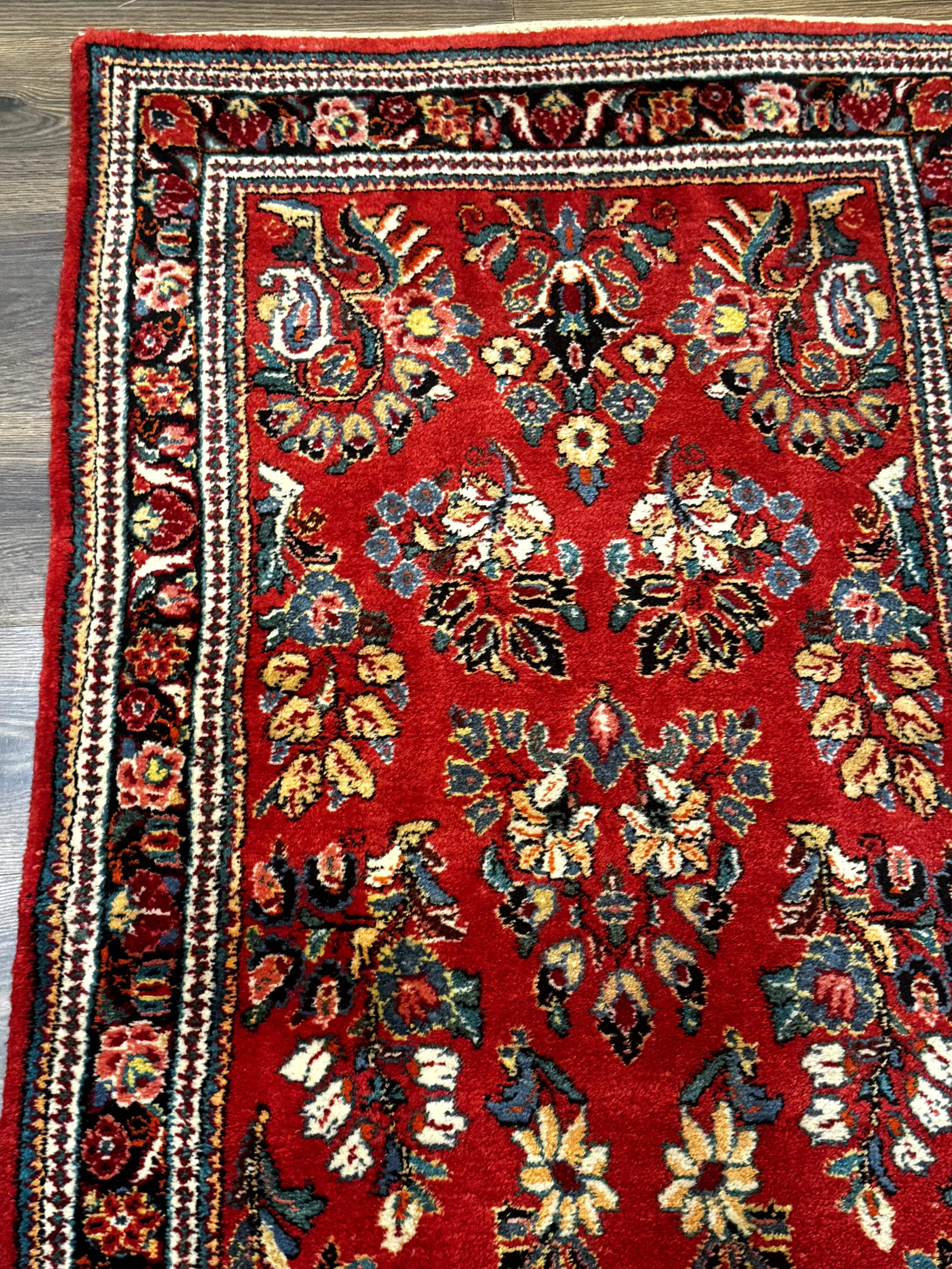Persian Sarouk Runner Rug 3x12, Red Floral 3 x 12ft Runner, Vintage, Wool - Jewel Rugs