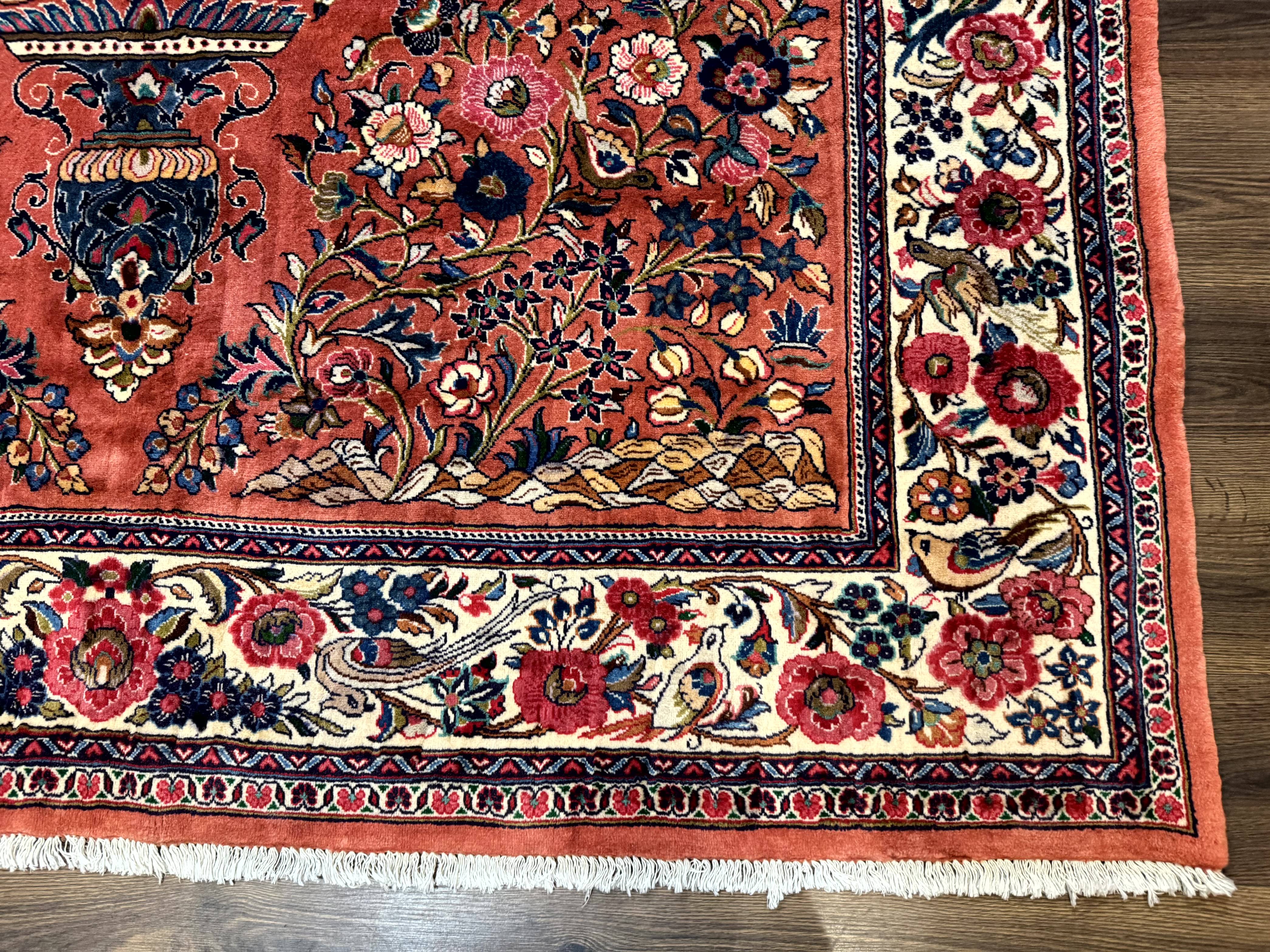 Persian Sarouk Rug 7x10, Red and Ivory, Floral Bouquets, Birds - Jewel Rugs