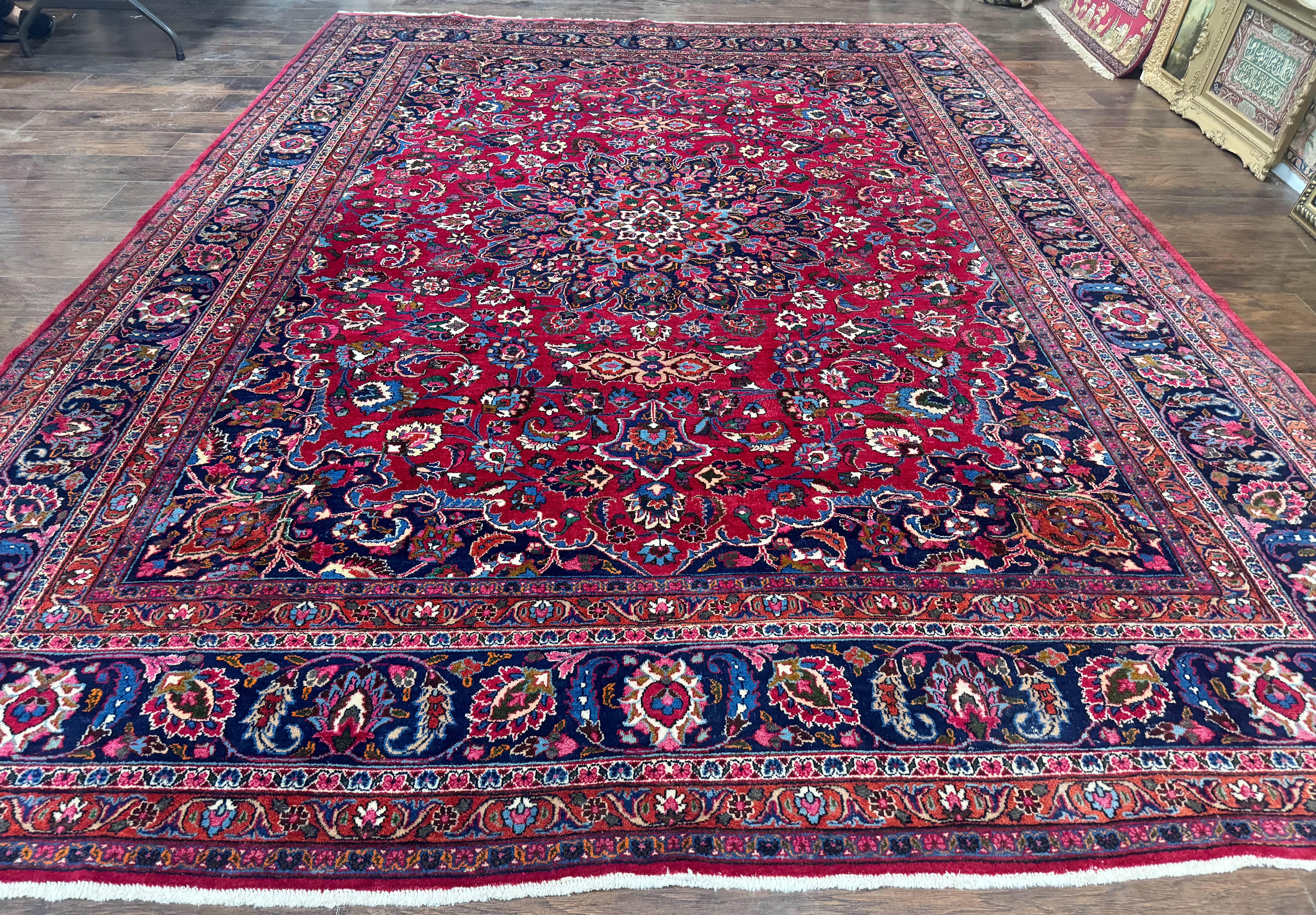 Antique Persian Mashad Rug 10x13, Red and Navy Blue, Great Colors, Signed By Masterweaver, Floral Medallion, Handmade Wool Persian Carpet - Jewel Rugs