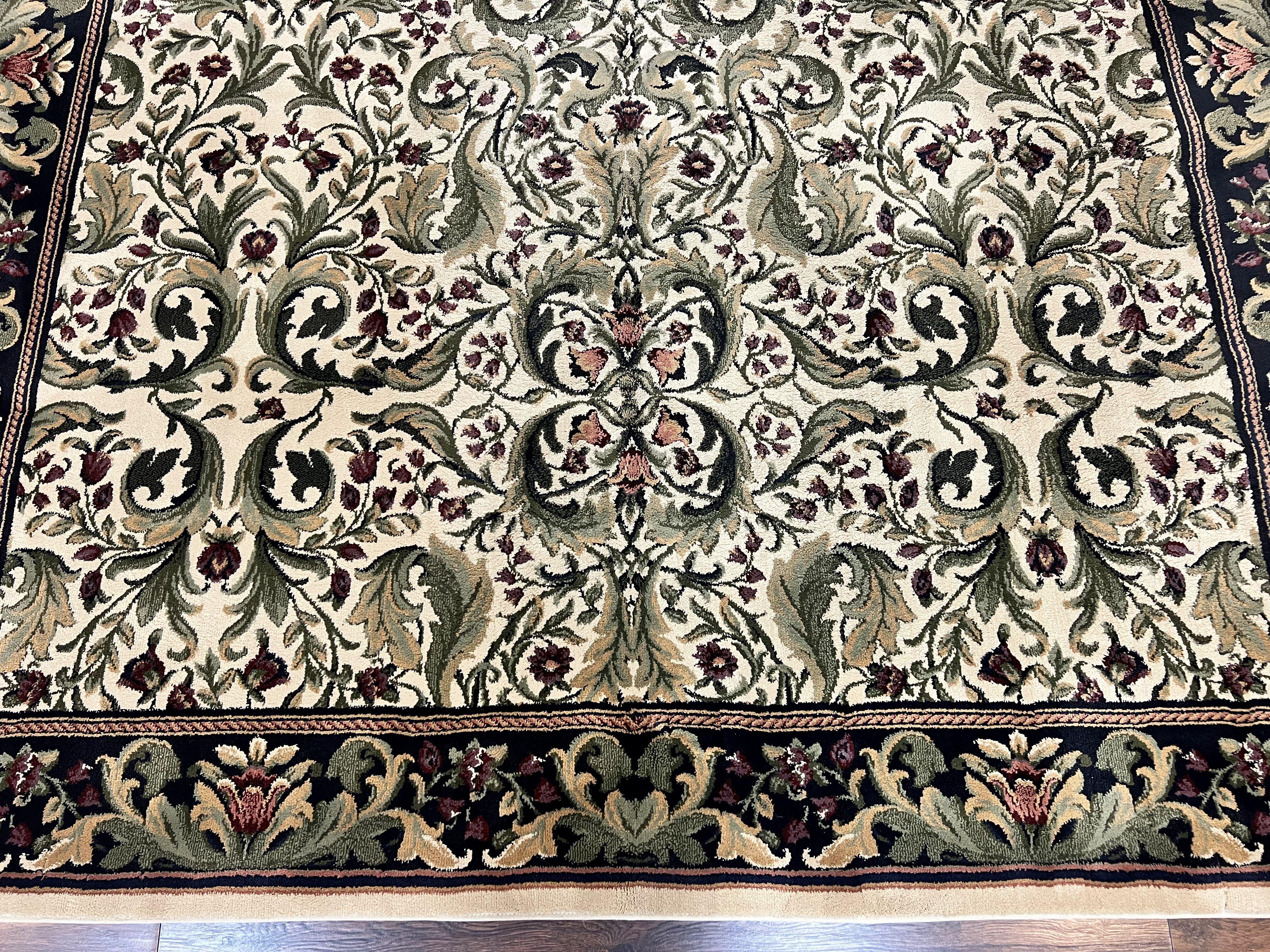 Oriental Rug 8x11, Floral Pattern, Ivory and Black - Jewel Rugs