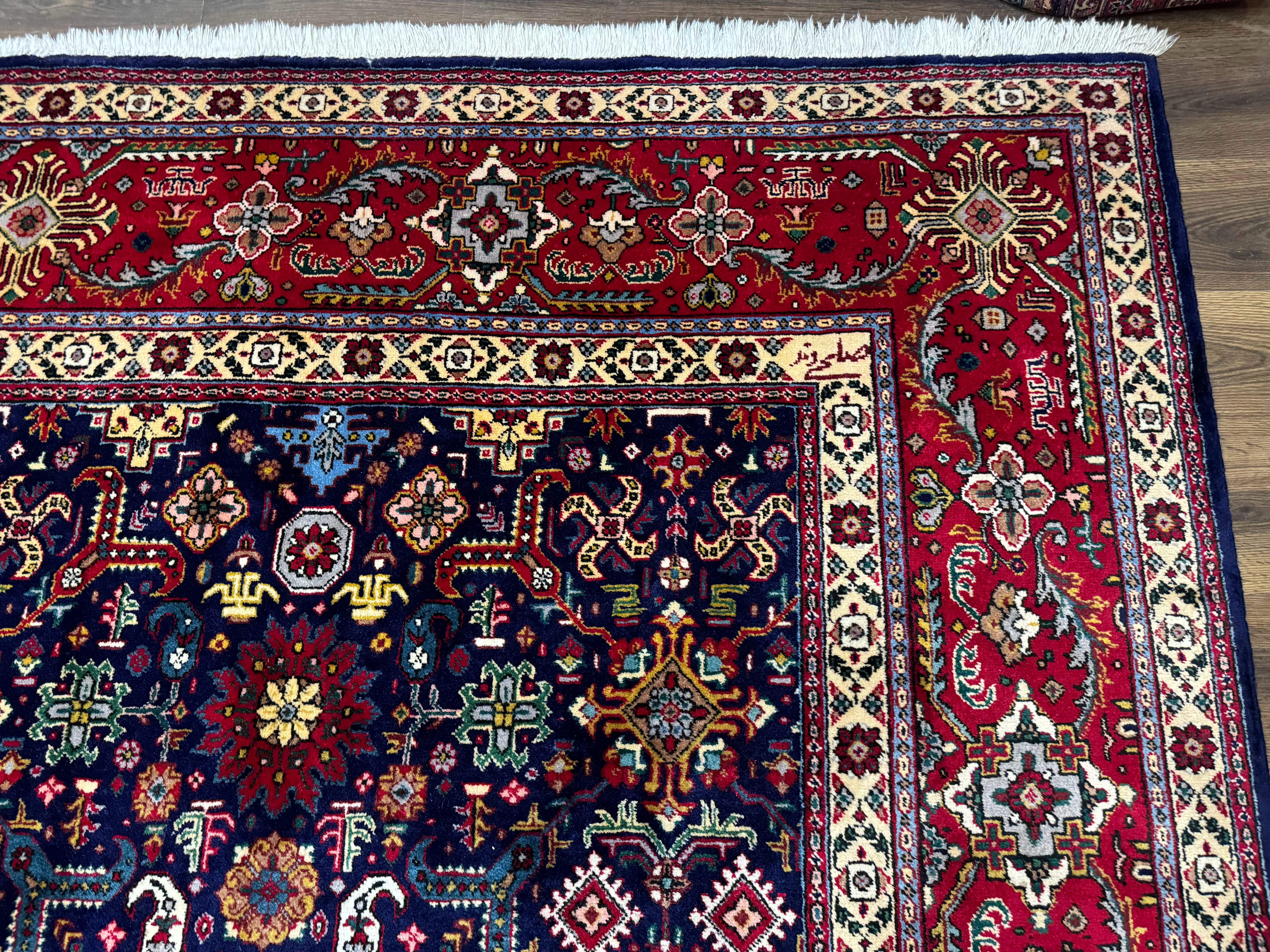 Large Persian Tabriz Rug 10x16, Navy Blue and Red, Allover Pattern, Vintage Hand Knotted Wool Carpet - Jewel Rugs