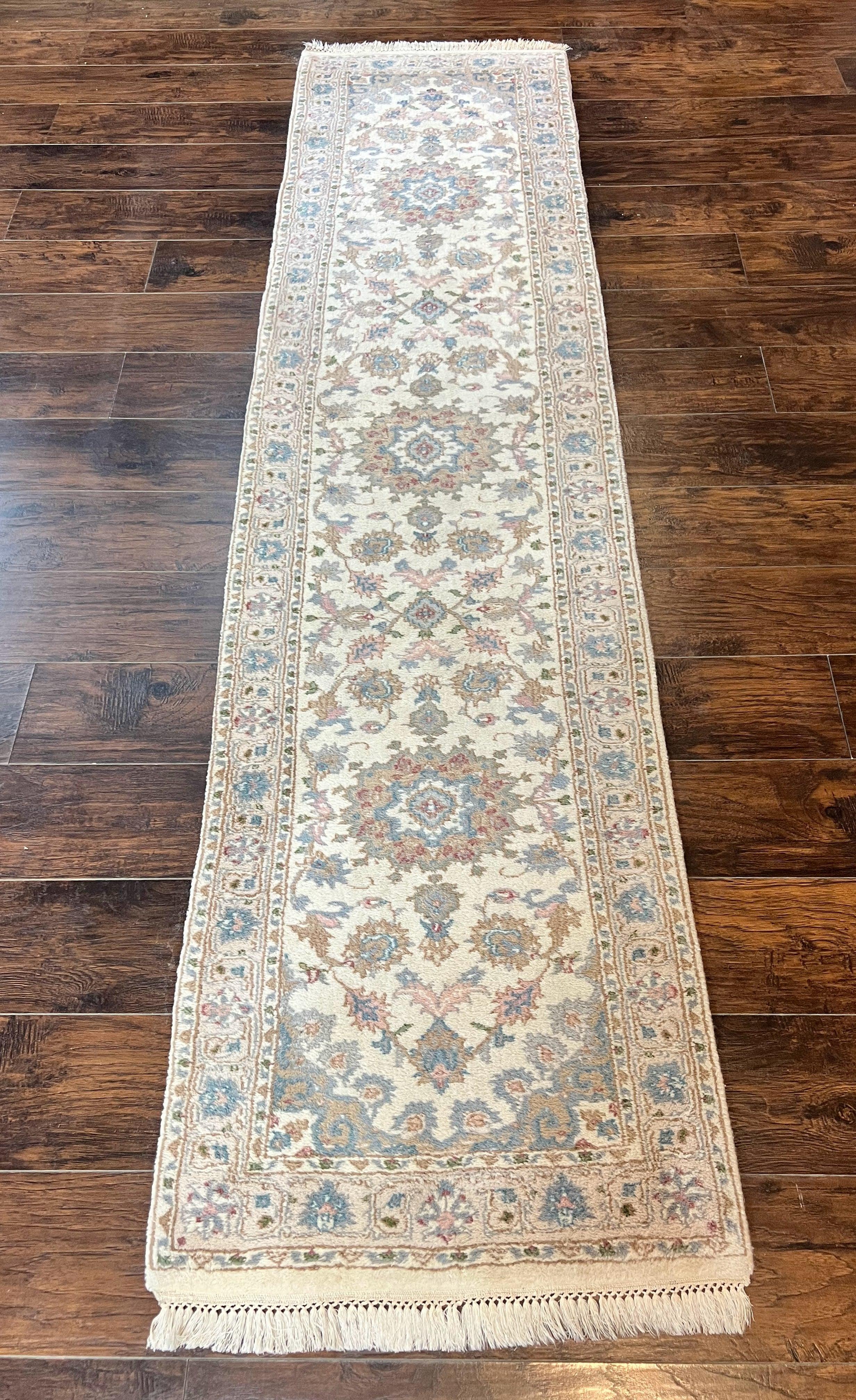 Indo Persian Runner Rug 2.5 x 9.5, Handmade Vintage Wool Rug for Hallway, Floral, Ivory - Jewel Rugs