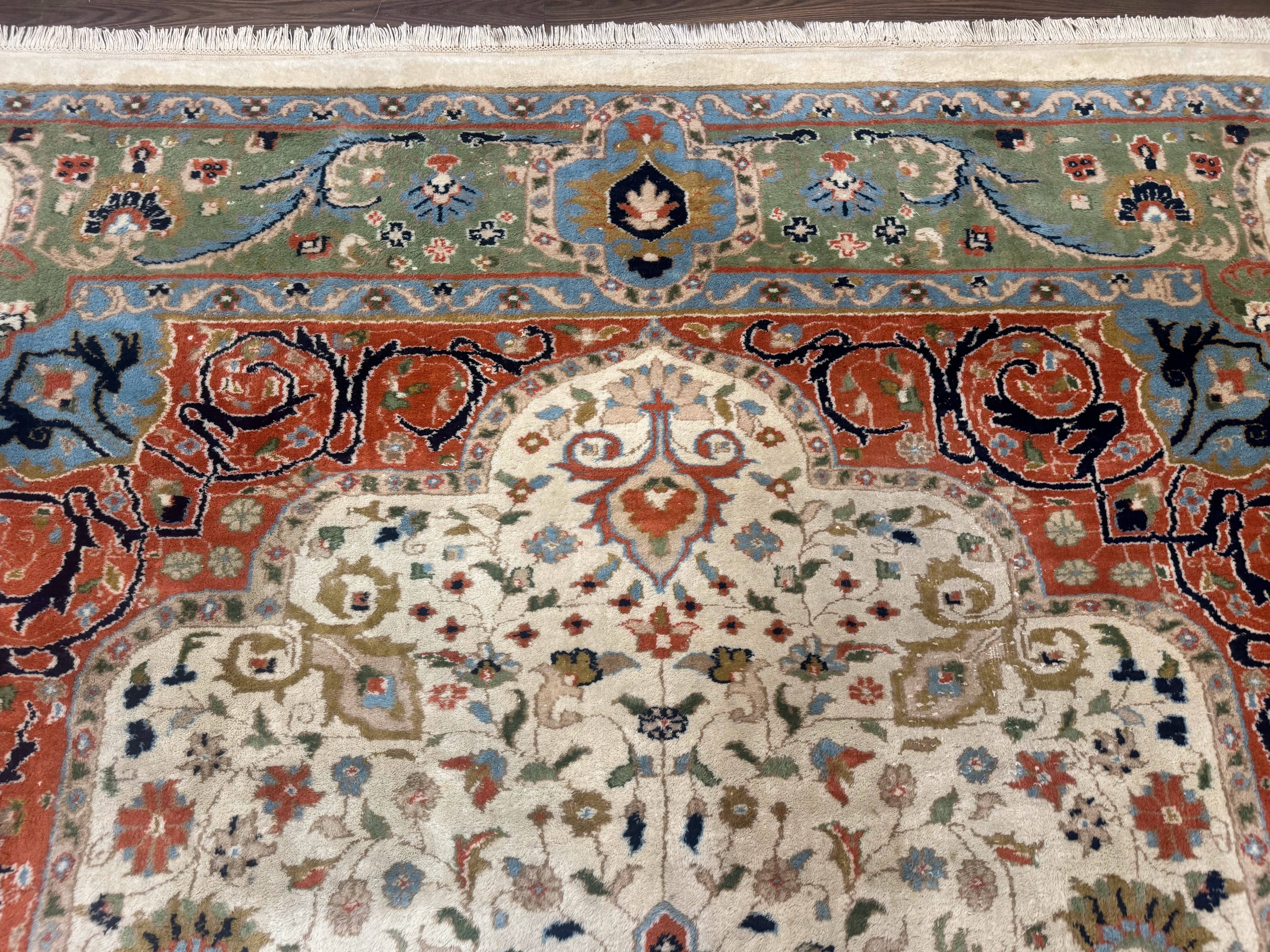 Indo Persian Rug 9x12, Ivory Red Green, Traditional Oriental Carpet - Jewel Rugs