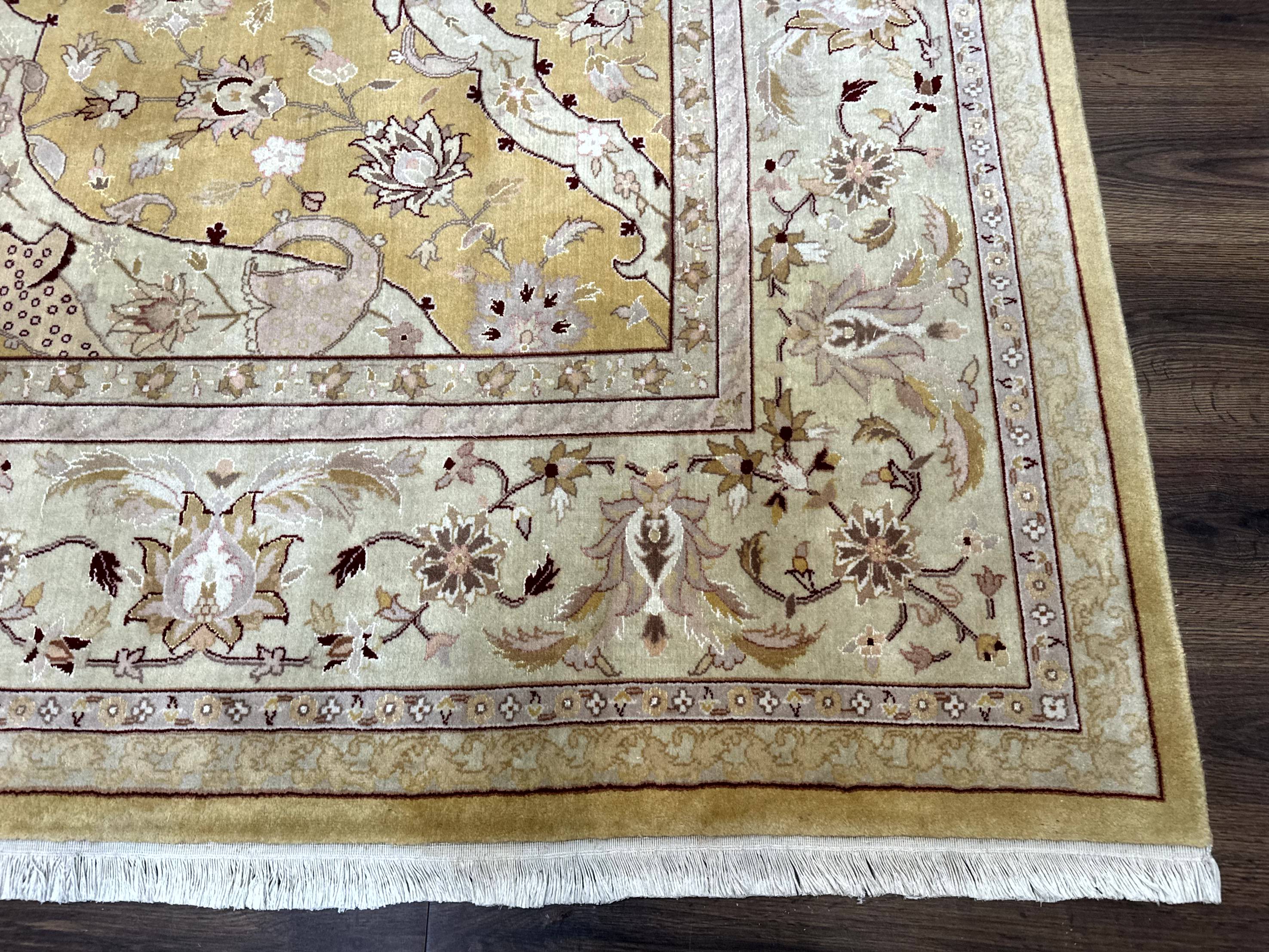 Sino Persian Rug 8x11, Wool with Silk Highlights, Unique Colors, Gold and Light Green, Fine 240 KPSI - Jewel Rugs