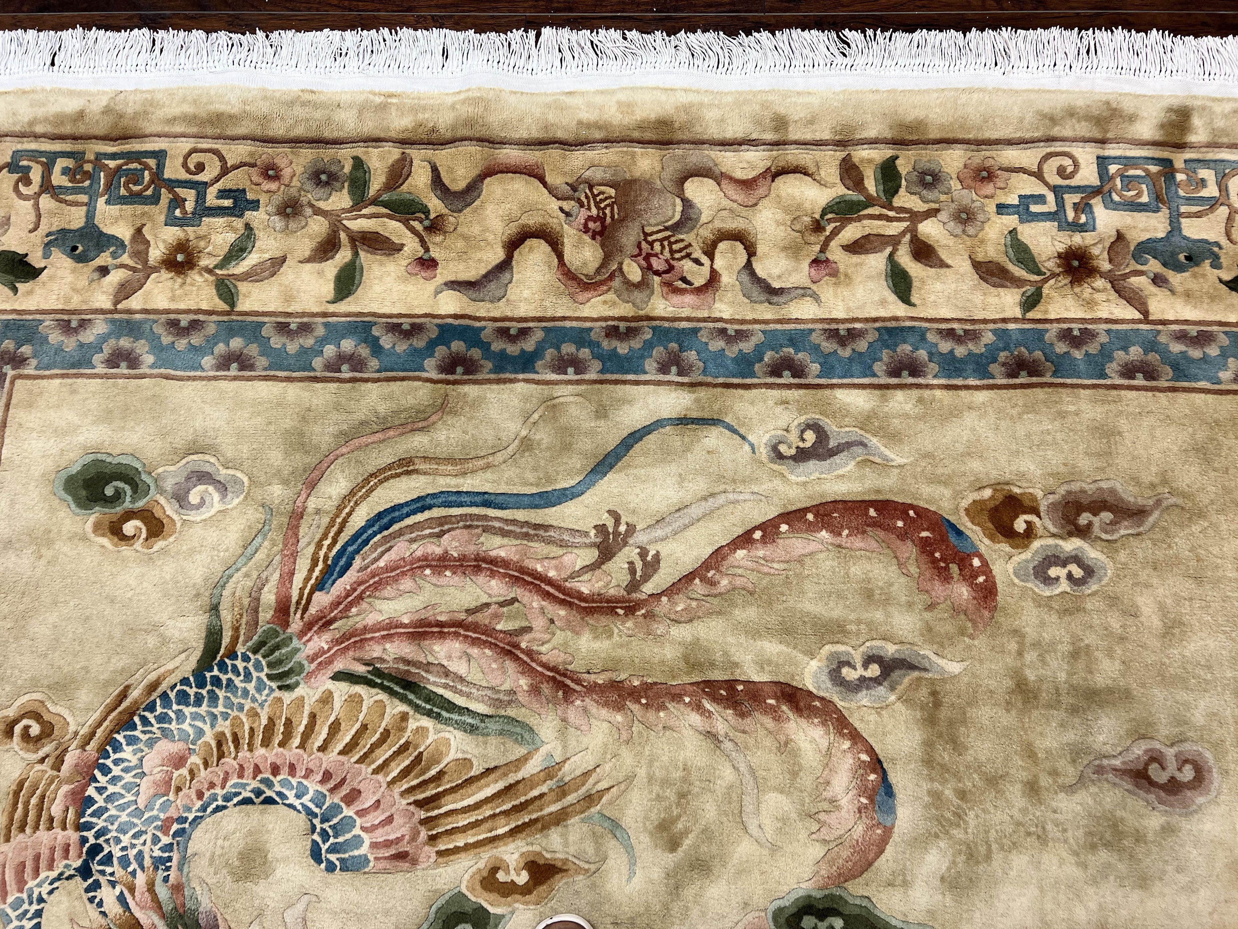 Chinese Wool Rug 8x10 with Phoenix and Dargon, Light Gold and Blue Area Rug, Vintage 1960s Hand Knotted Handmade Asian Art Deco Carpet - Jewel Rugs