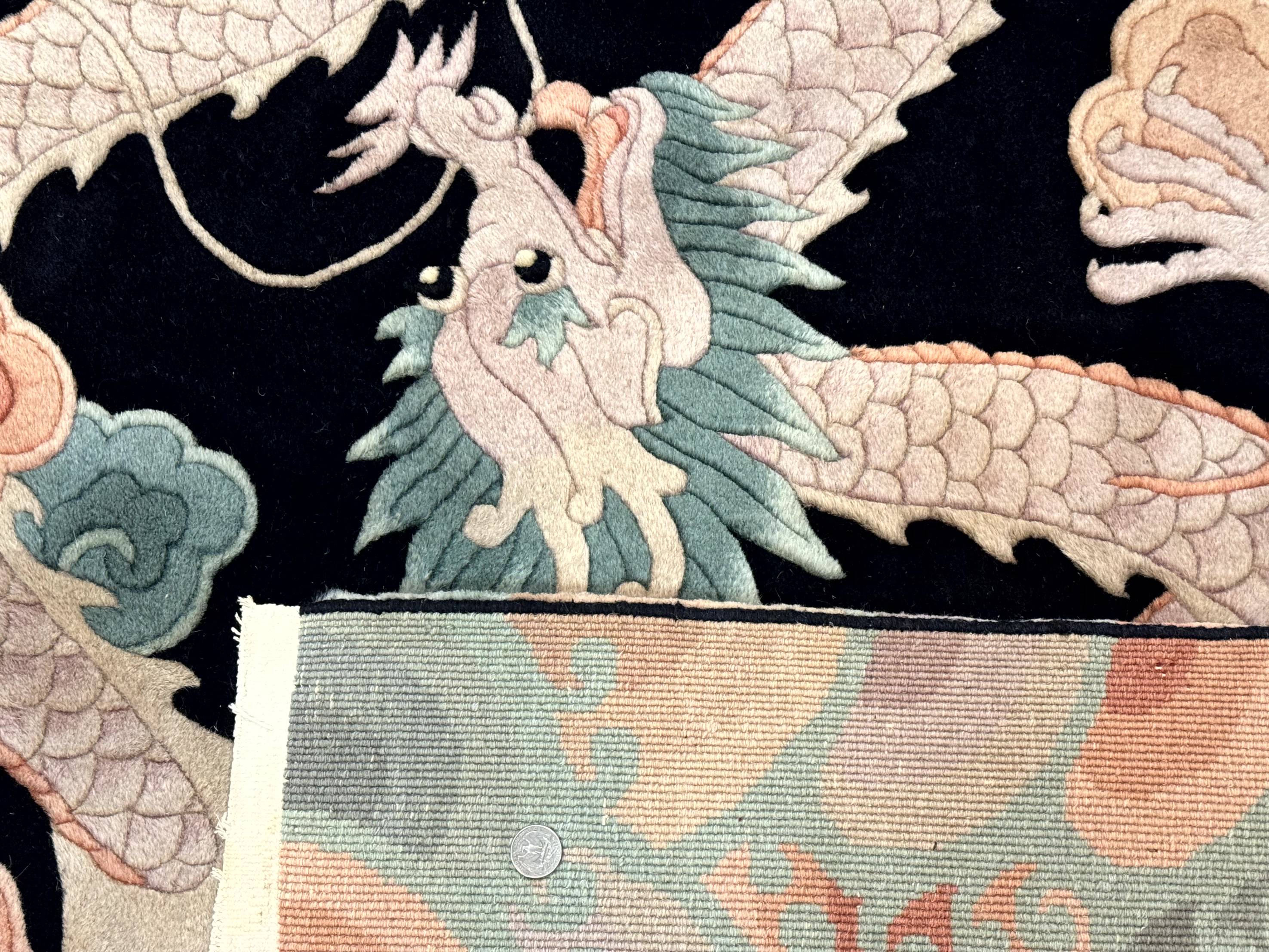 Black Chinese Wool Rug 8x10 with Dragons, Rainbow Borders, Rare - Jewel Rugs