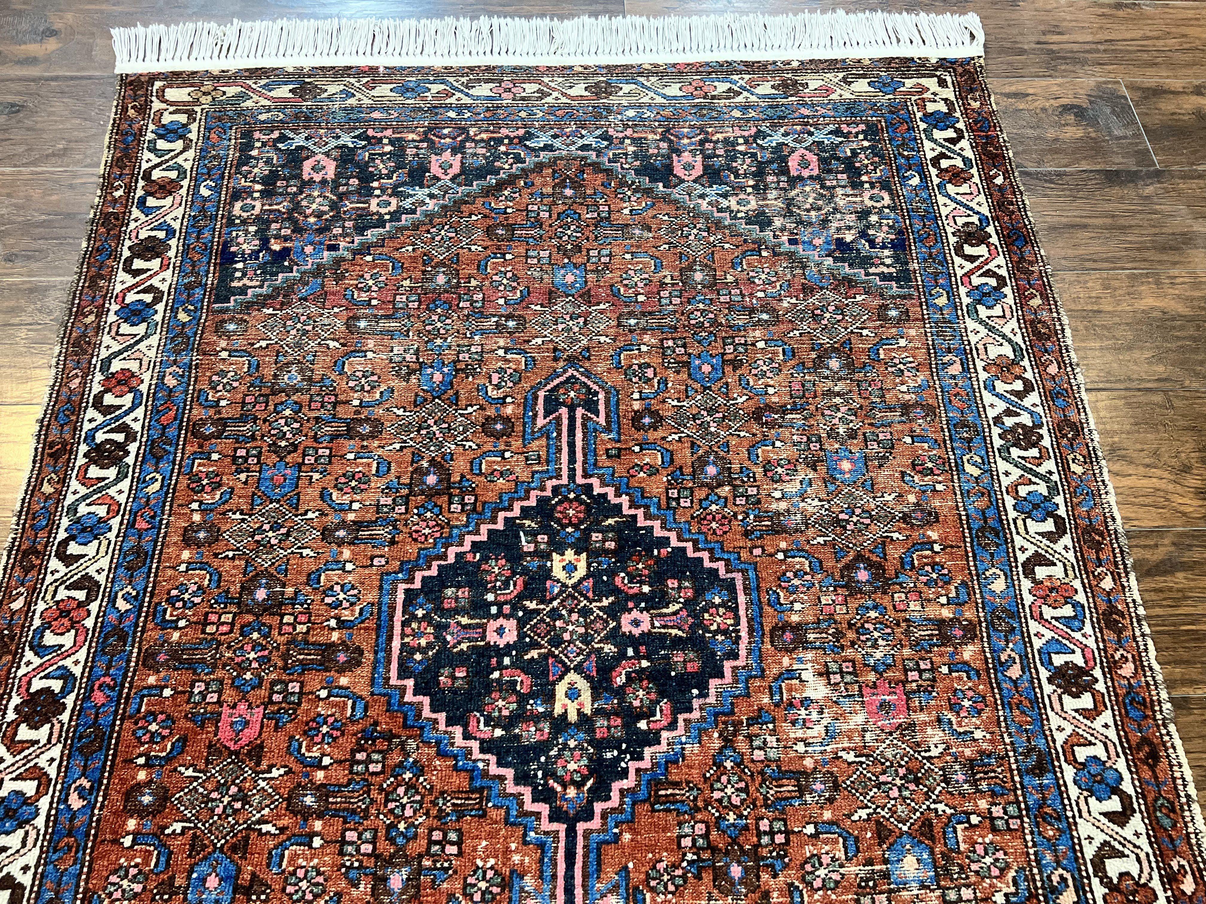 Red Persian Hamadan Rug 4x6, Wool Handmade Antique Carpet, Geometric Medallion Rug, Oriental Rug 4 x 6, Persian Tribal Rug, Hand Knotted Rug - Jewel Rugs