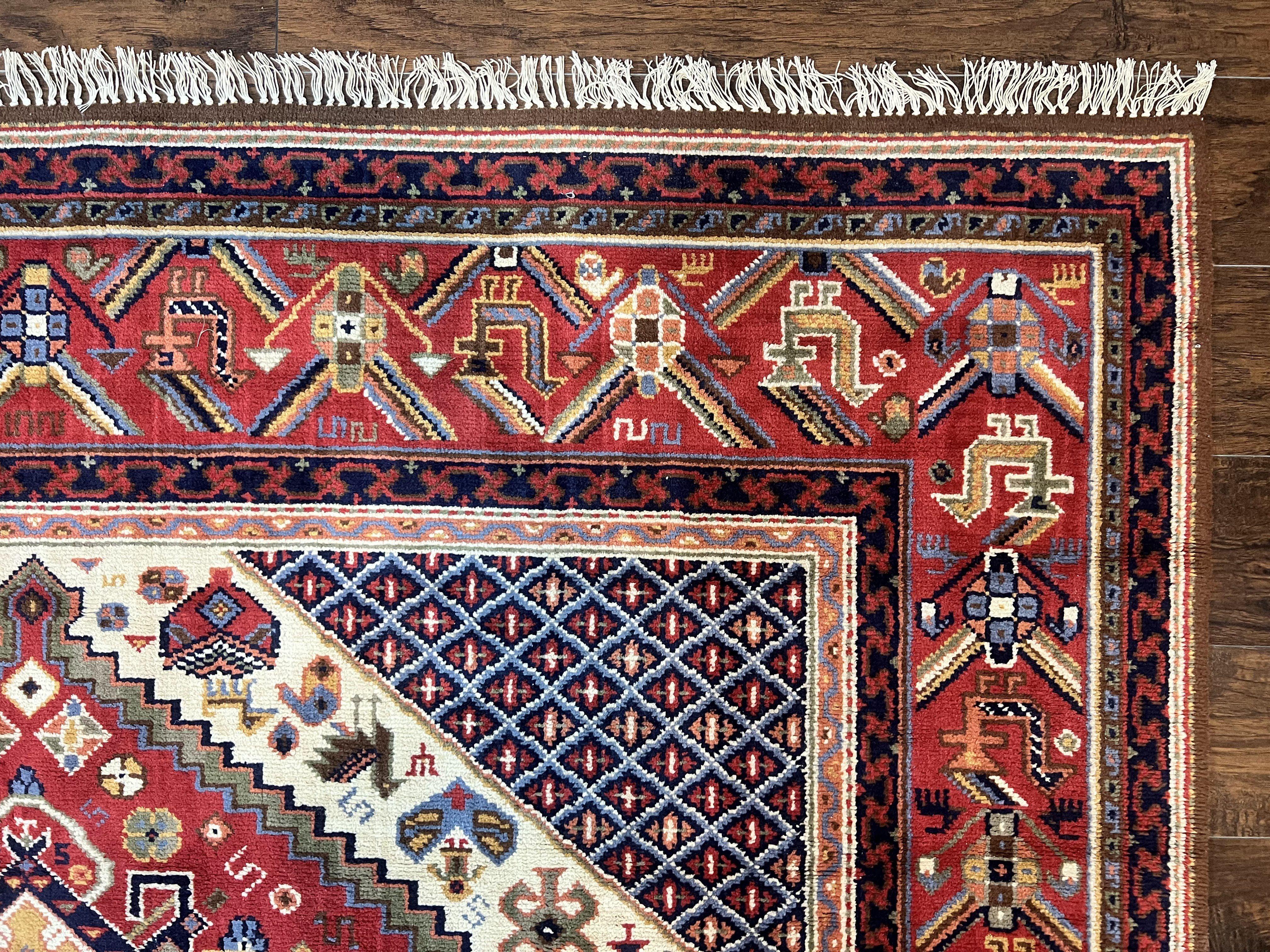 Belgium Power Loomed Rug 8x12, Geometric Medallions Persian Tribal Pattern, Vintage Wool Carpet, Ivory Red Blue - Jewel Rugs