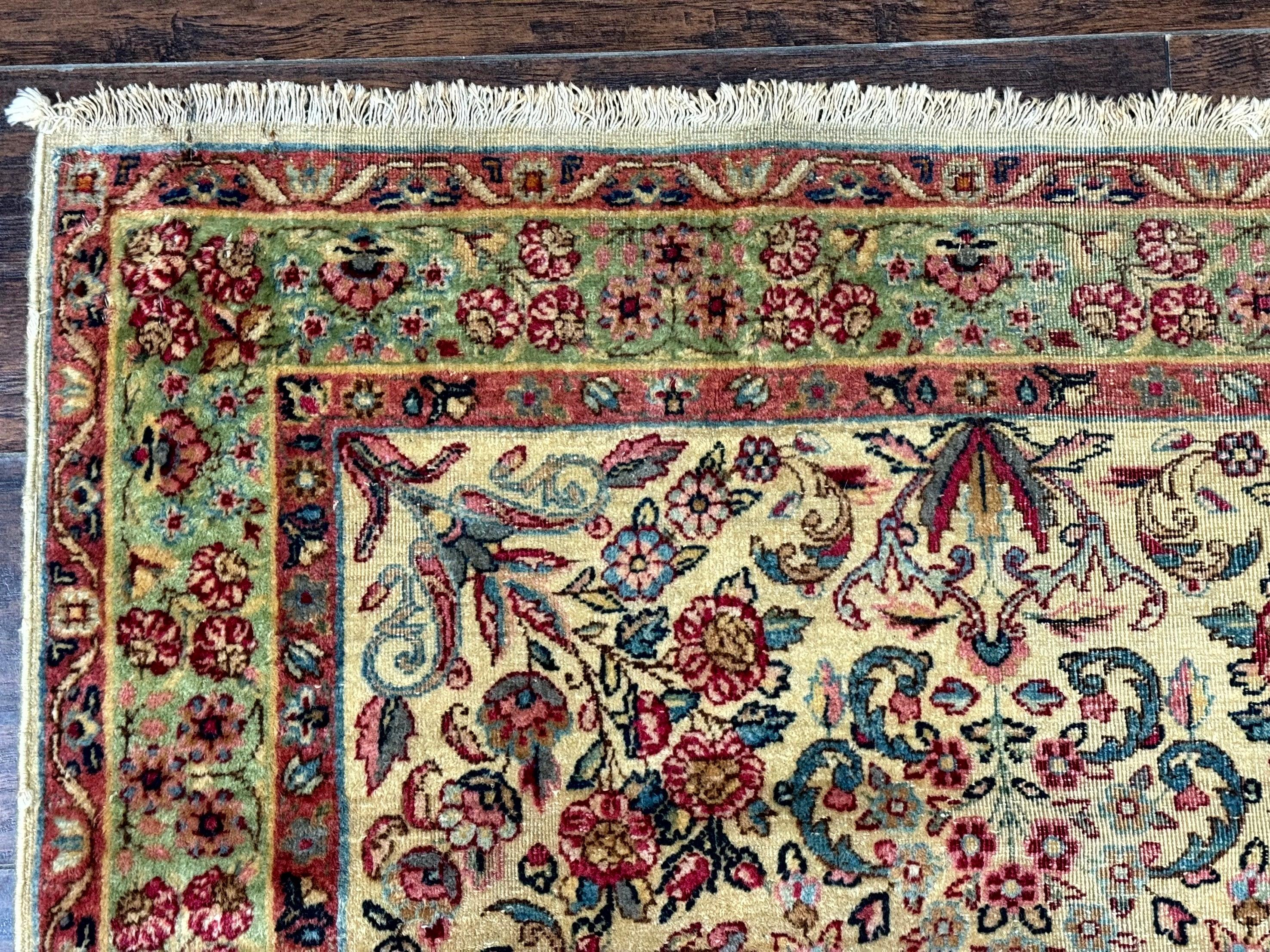 Antique Persian Kerman Rug 3x5, Floral Design, Cream and Light Green - Jewel Rugs