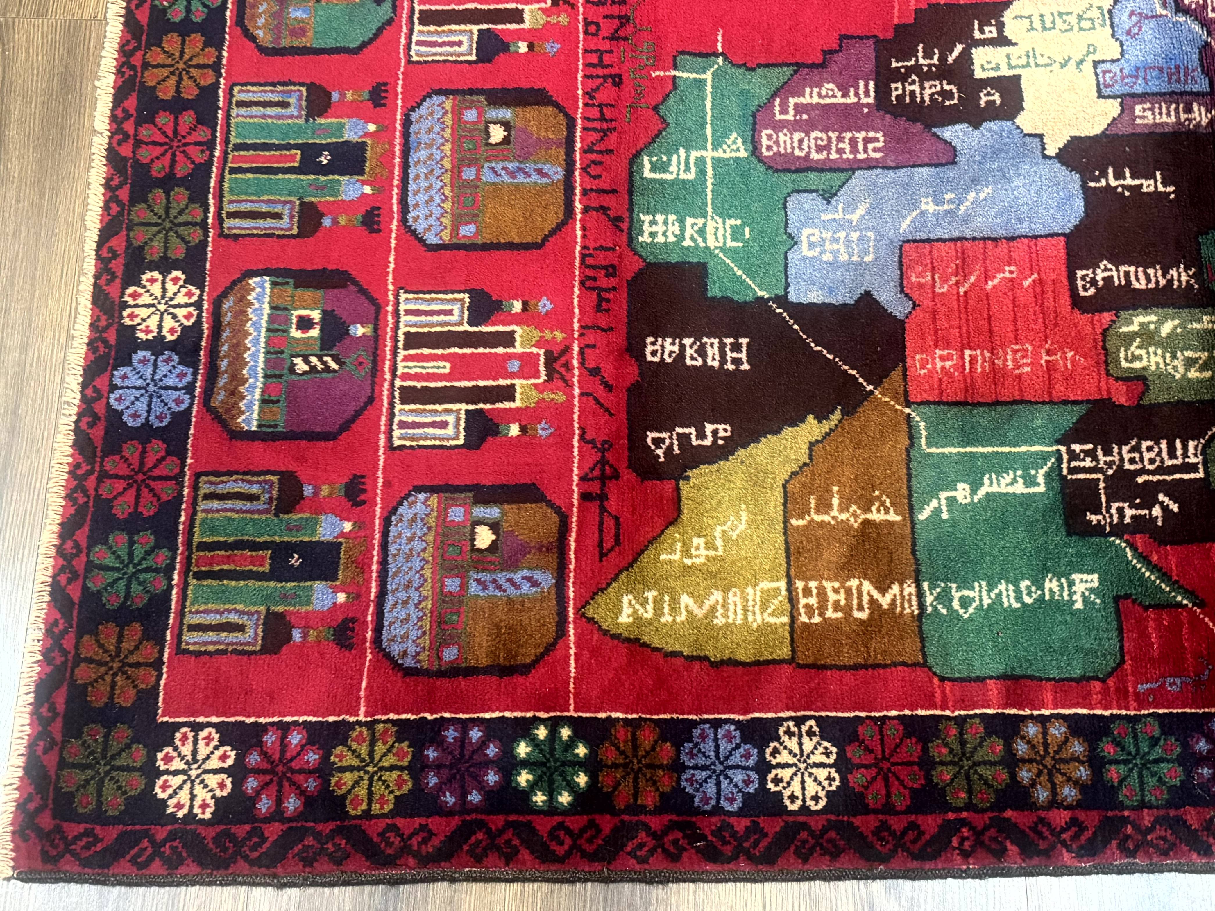 Afghan Rug 3x7, Map of Afghanistan, War Rug, Tribal Rug, Balouch Rug, New, Red - Jewel Rugs