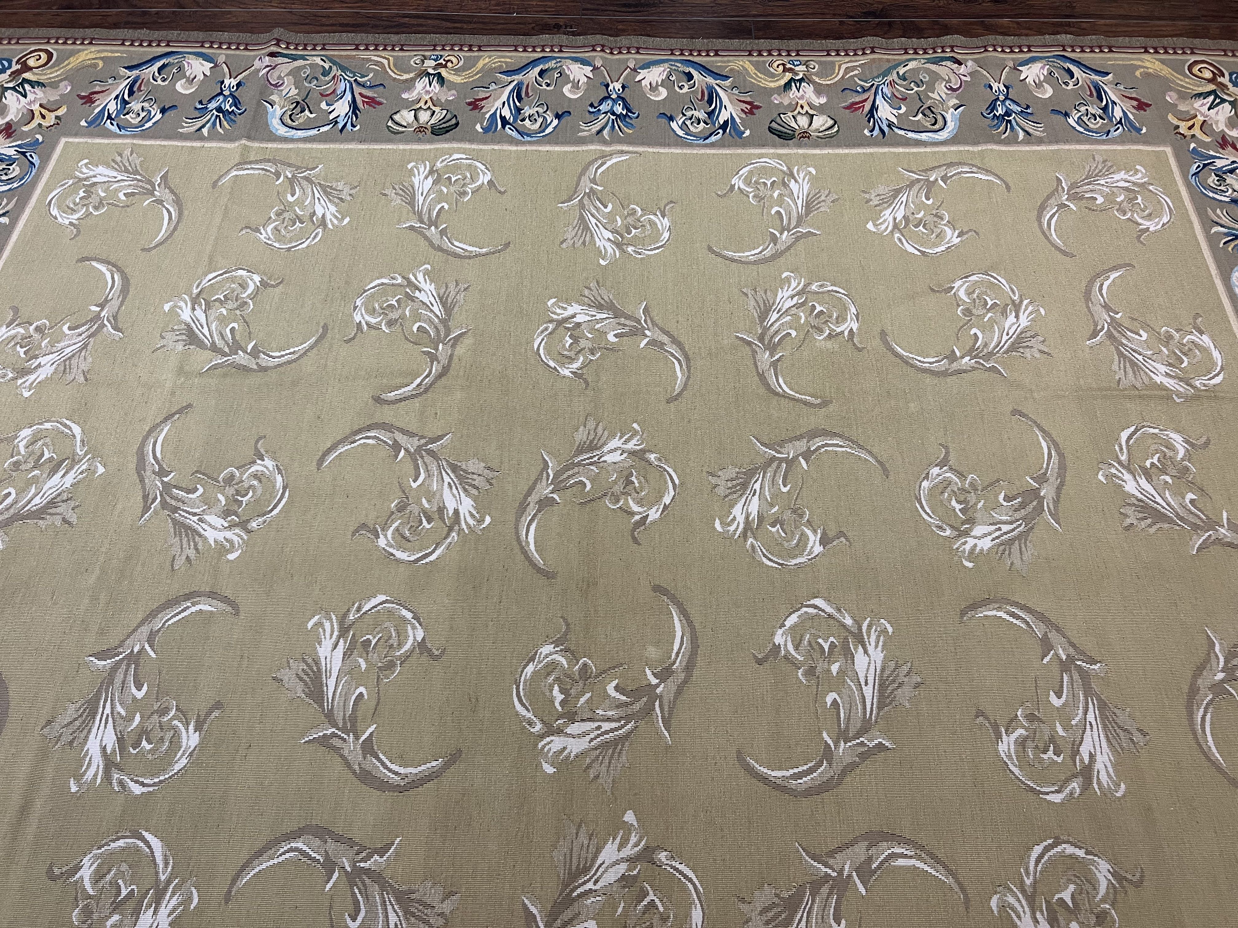 Vintage Aubusson Flatweave Area Rug 9x12, Aubusson Weave, Wool, Beige, Handmade, French European Design, 8'9" x 11'9" - Jewel Rugs