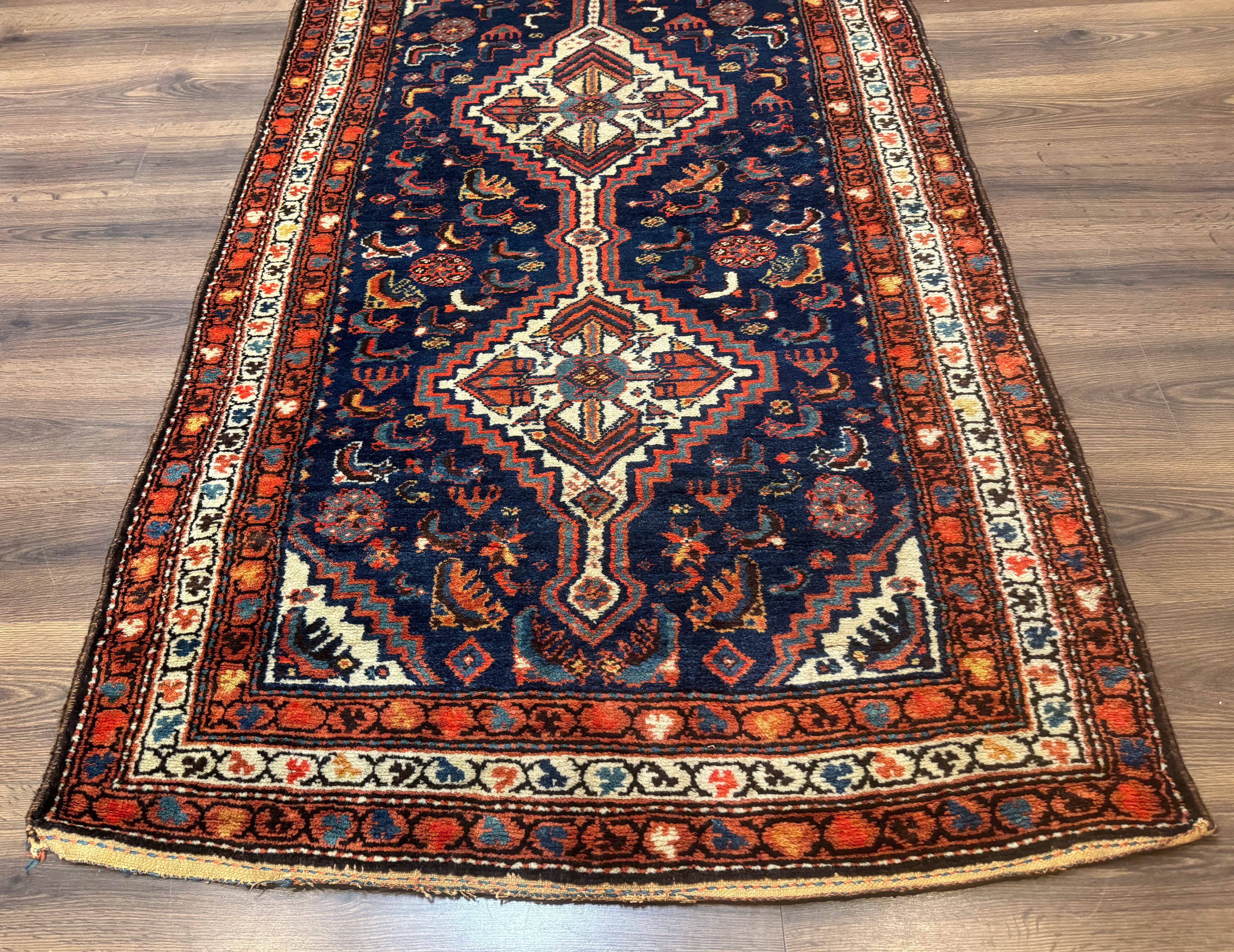 Antique Persian Hamadan Rug 4x6, Geometric, Double Medallions, Navy Blue, Tribal Carpet - Jewel Rugs
