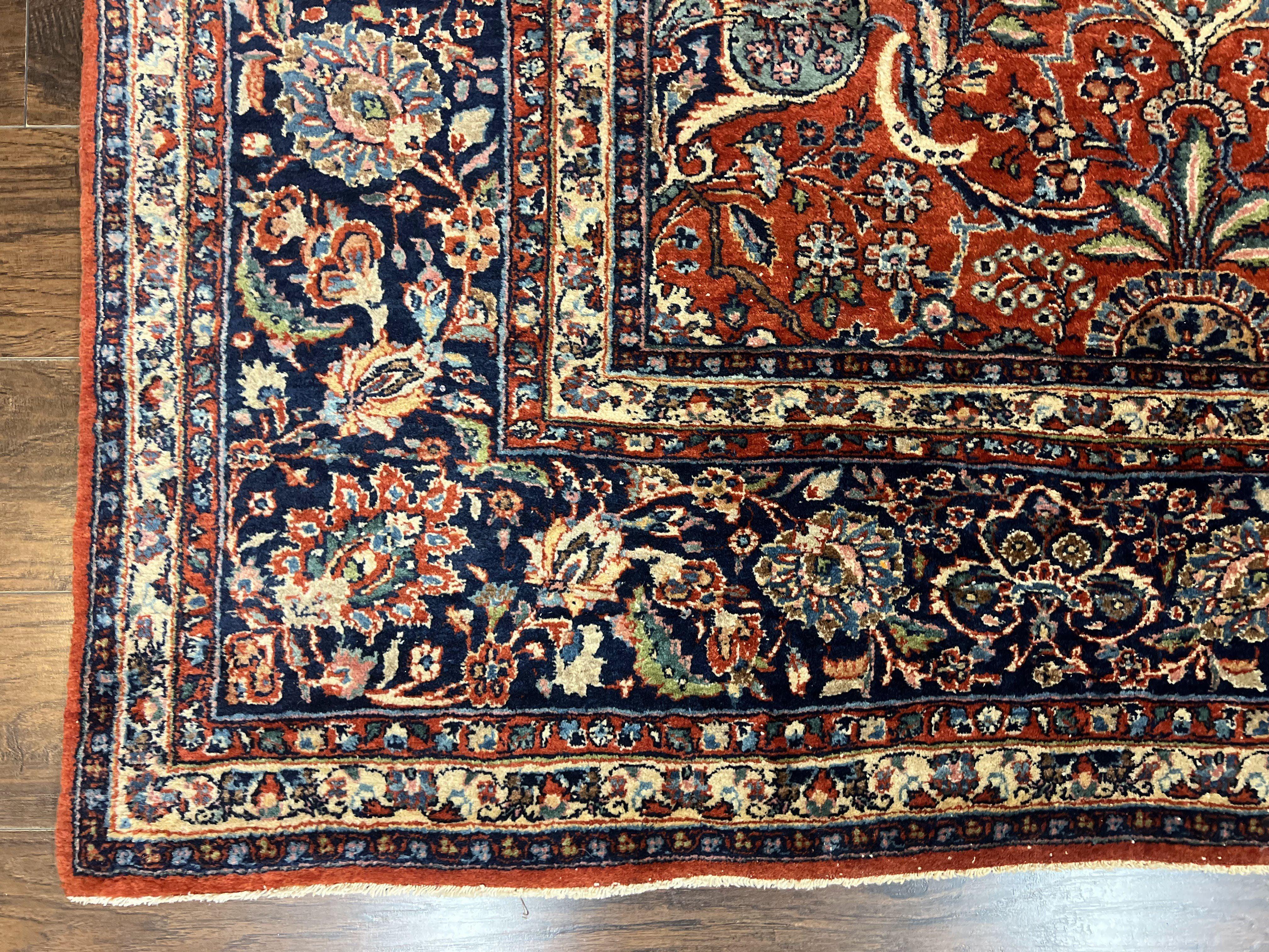 Persian Sarouk Rug 9x12, Red and Dark Blue Floral Allover Antique Persian Carpet, Handmade Wool Qazvin Rug - Jewel Rugs
