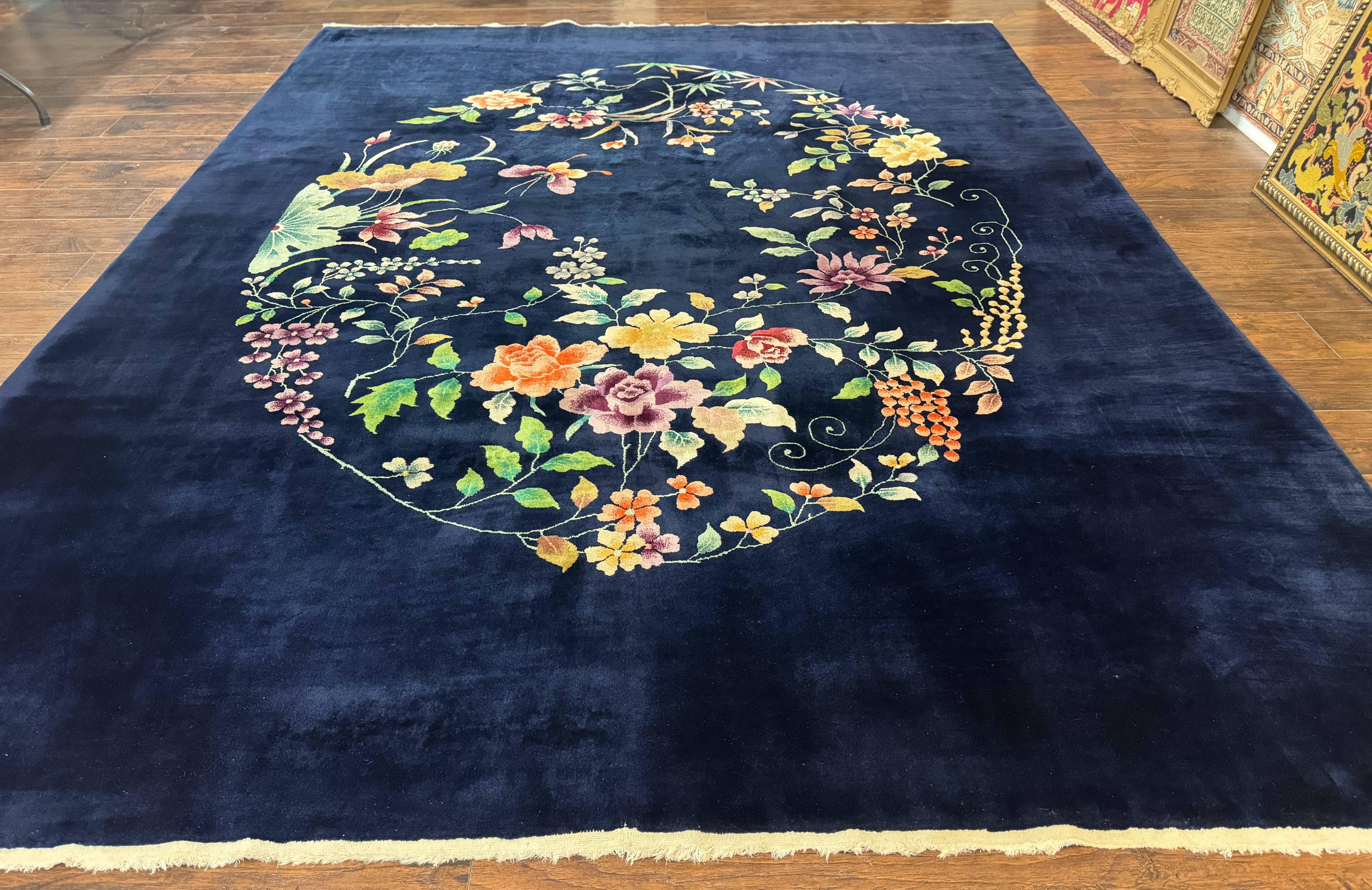 Chinese Art Deco Rug 10 x 11.5, Navy Blue Vintage Nichols Floral Wool Carpet - Jewel Rugs