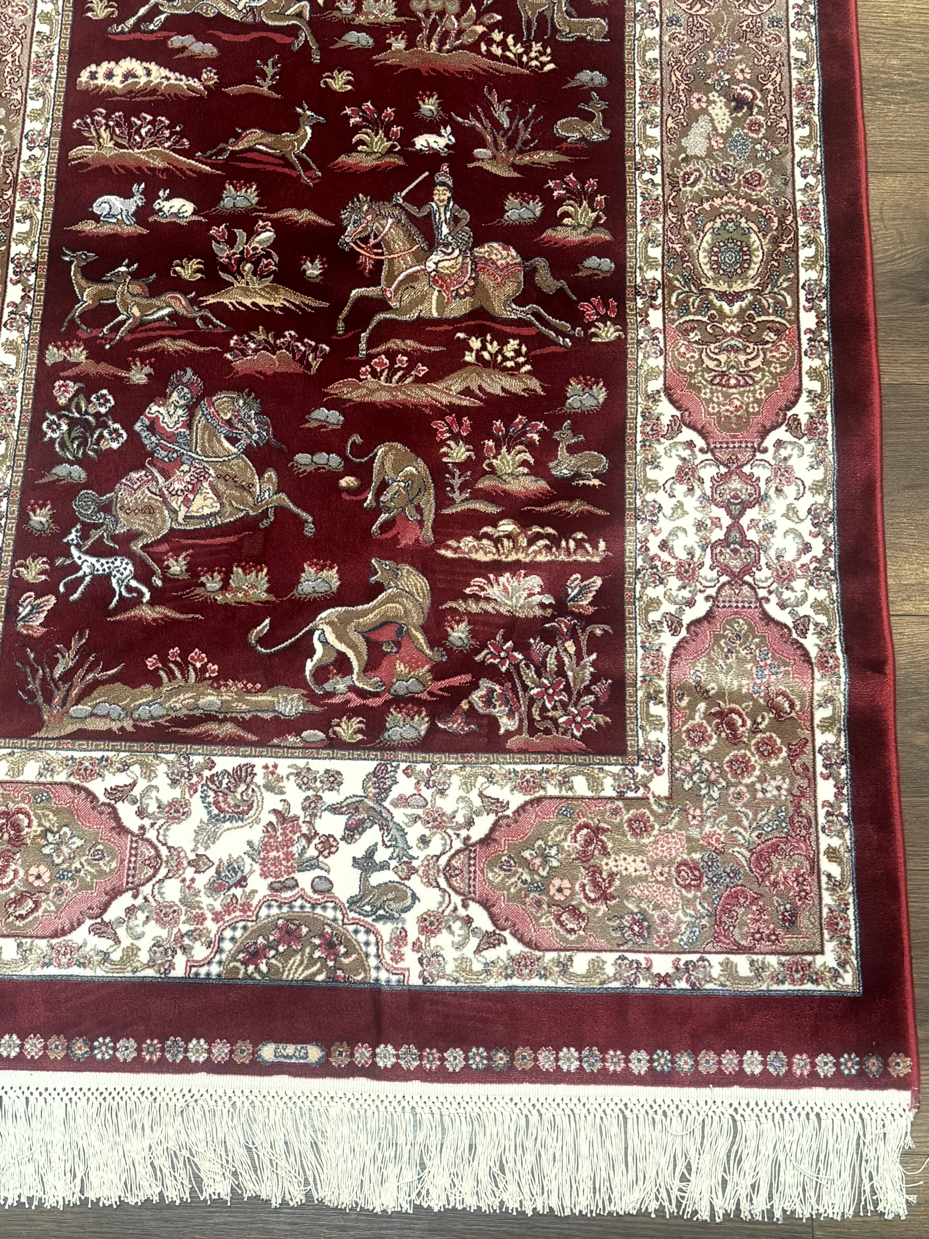 Turkish Silk Rug 3x5, Hunting Design, Dark Red & Ivory, Bamboo Silk, New - Jewel Rugs