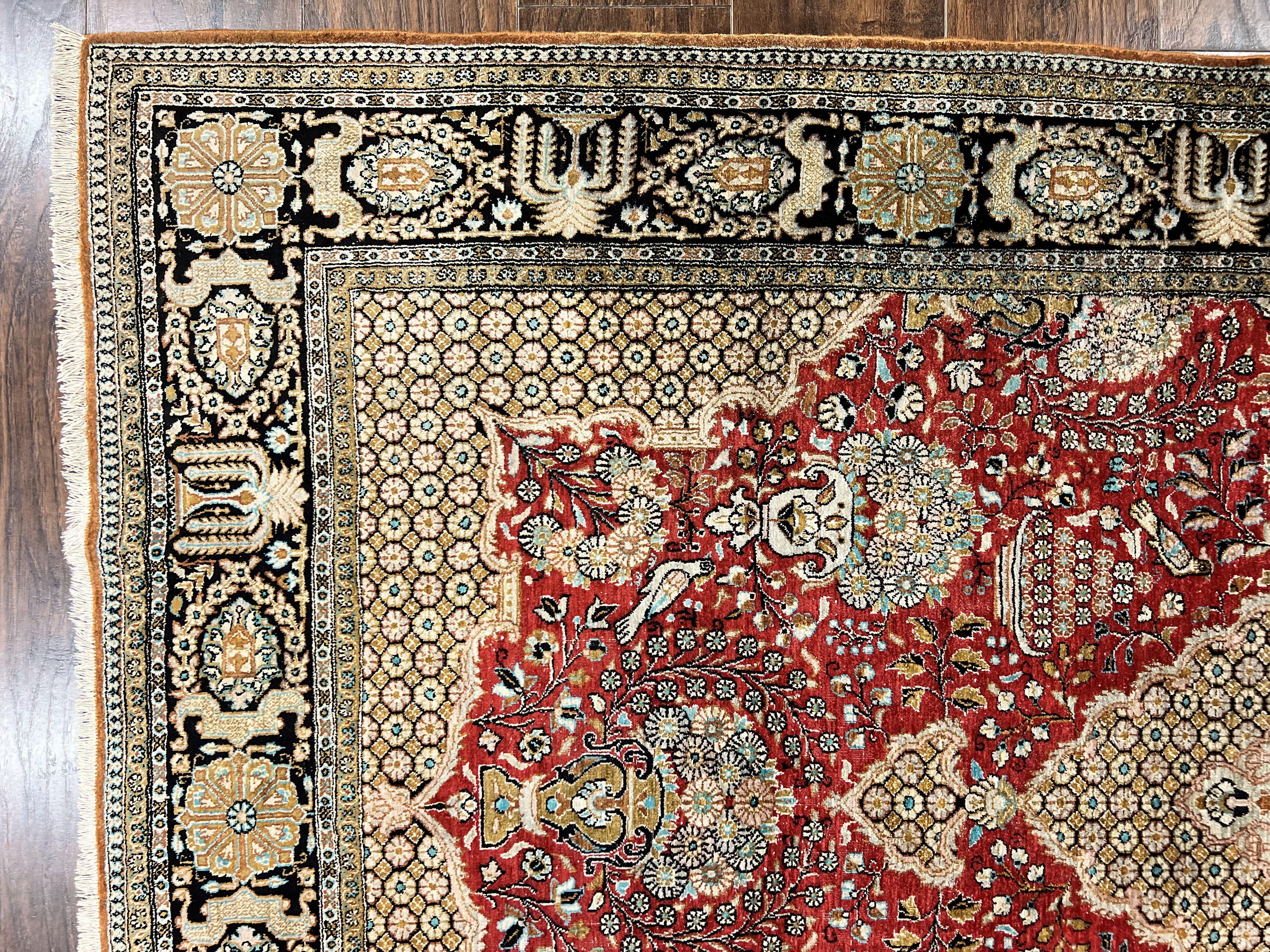 Wonderful Persian Silk Rug 5x7, Birds Floral Vases, Red, Hand Knotted Silk Fine Oriental Carpet, Handmade Vintage, Persian Qum Rug, 400 KPSI - Jewel Rugs